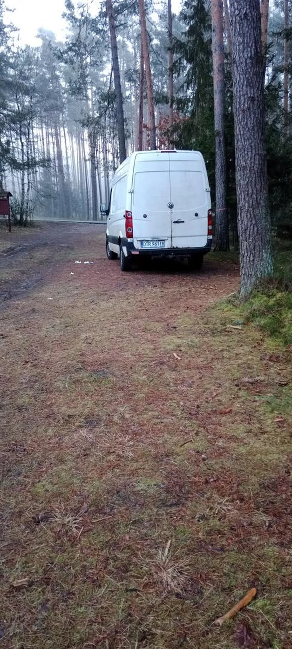 Śmieciarz, wjeżdża do lasu i wyrzuca śmieci.