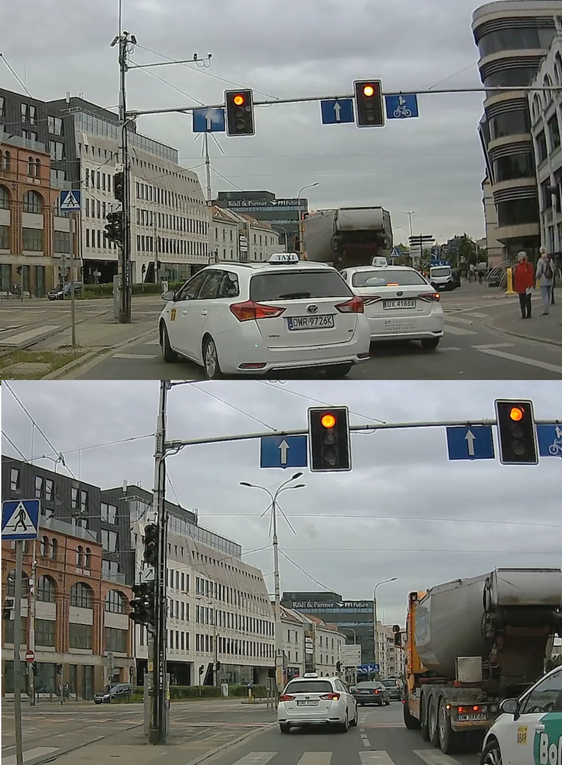 Wpycha się na pas przez ciągła linię, nastepnie przejeżdzą skrzyżowanie na czerwonym świetle.