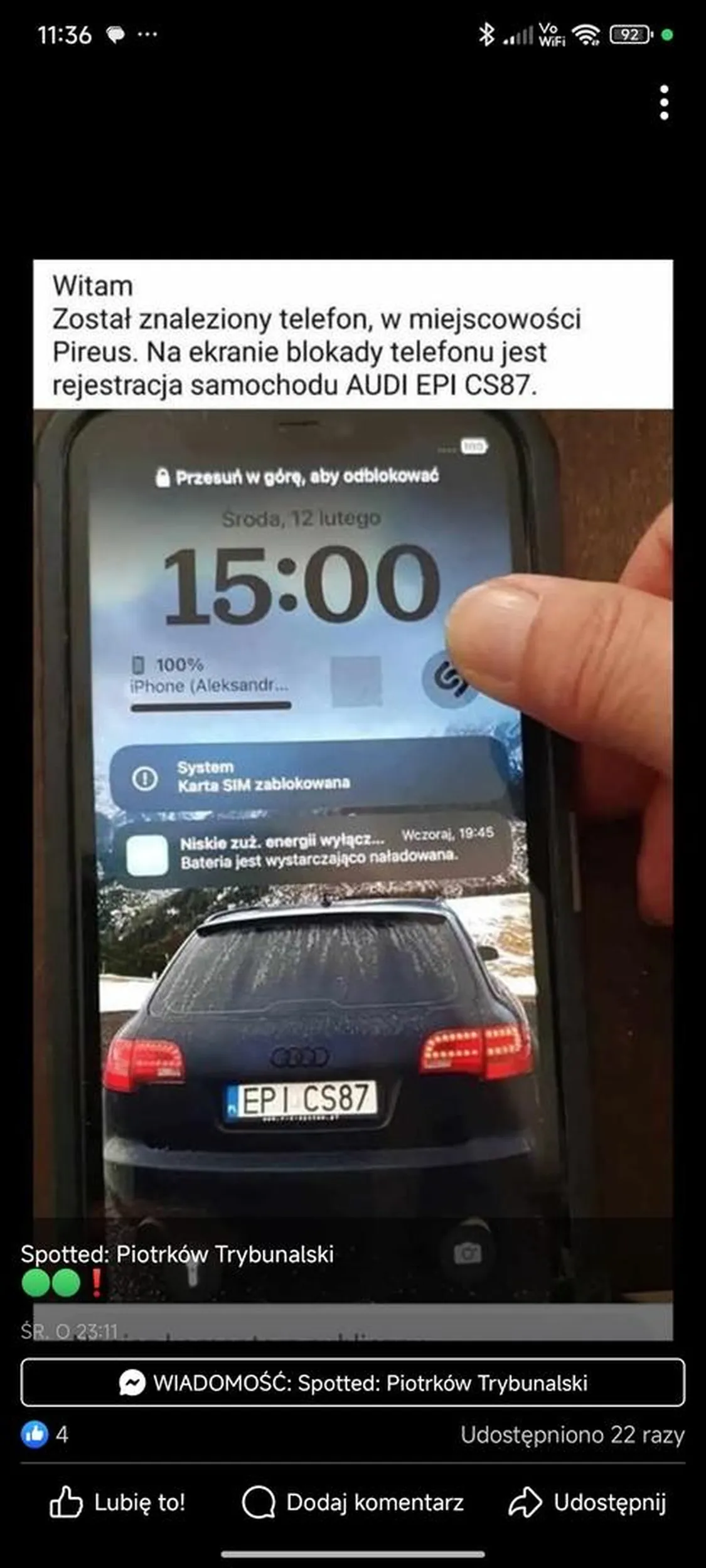 Znaleziono telefon z tym samochodem. Więcej informacji grupa: Spotted Piotrków