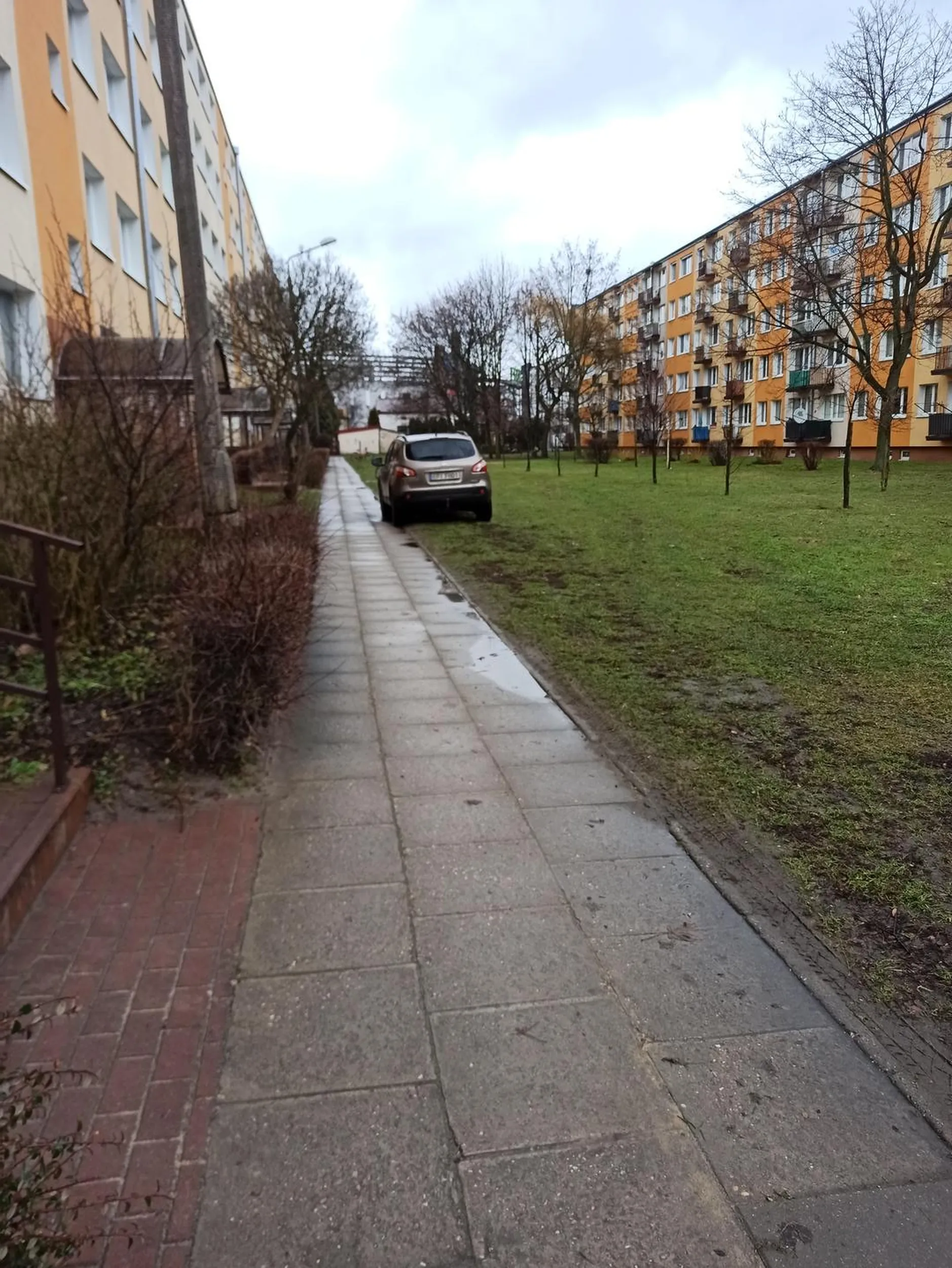 Dewastacja trawnika oraz chodnika. Jazda wzdłuż po chodniku. Stwarzanie zagrożenia dla pieszych na chodniku, oraz dzieci bawiących się na trawniku przed blokiem.