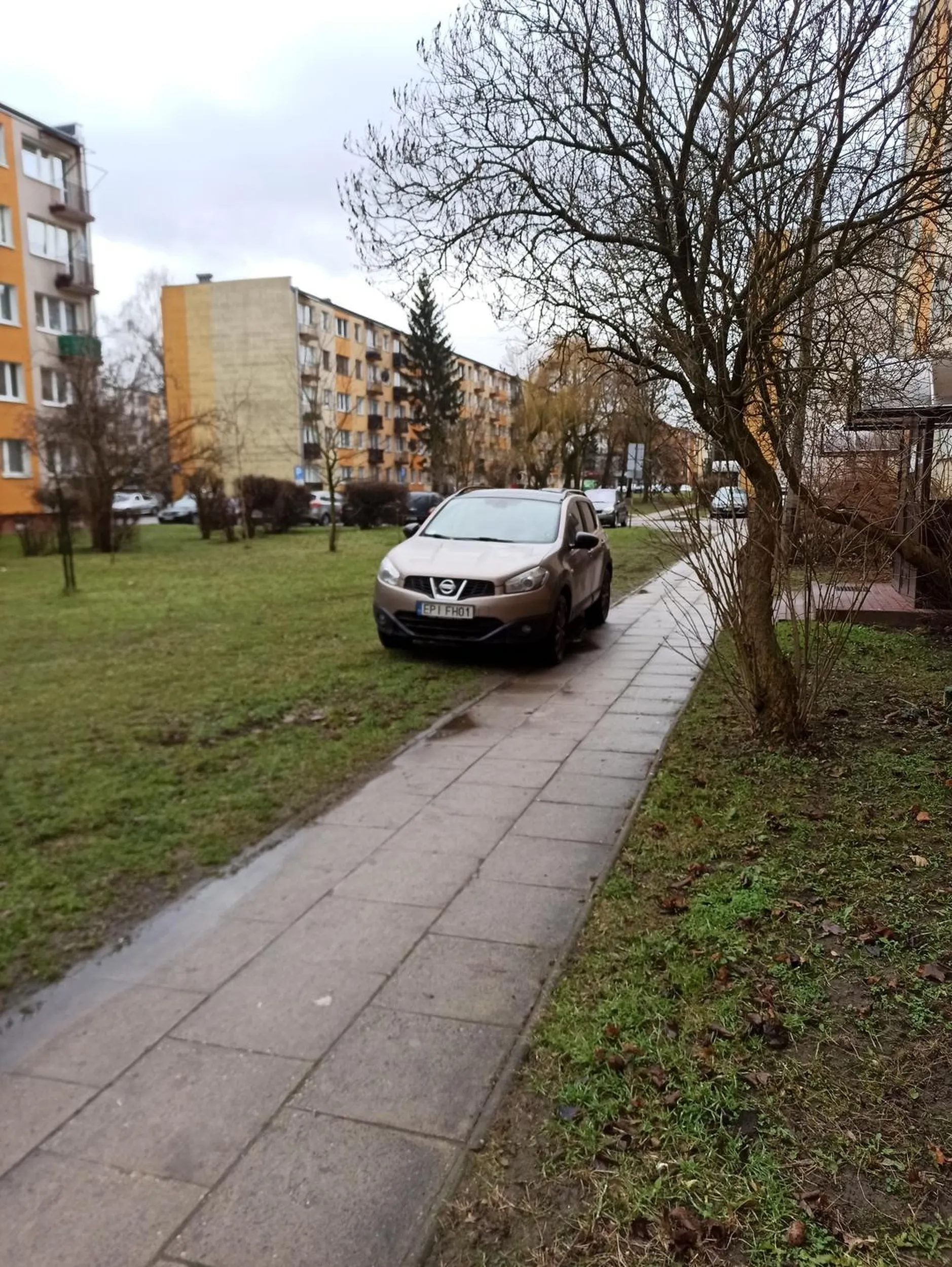 Dewastacja trawnika oraz chodnika. Jazda wzdłuż po chodniku. Stwarzanie zagrożenia dla pieszych na chodniku, oraz dzieci bawiących się na trawniku przed blokiem.