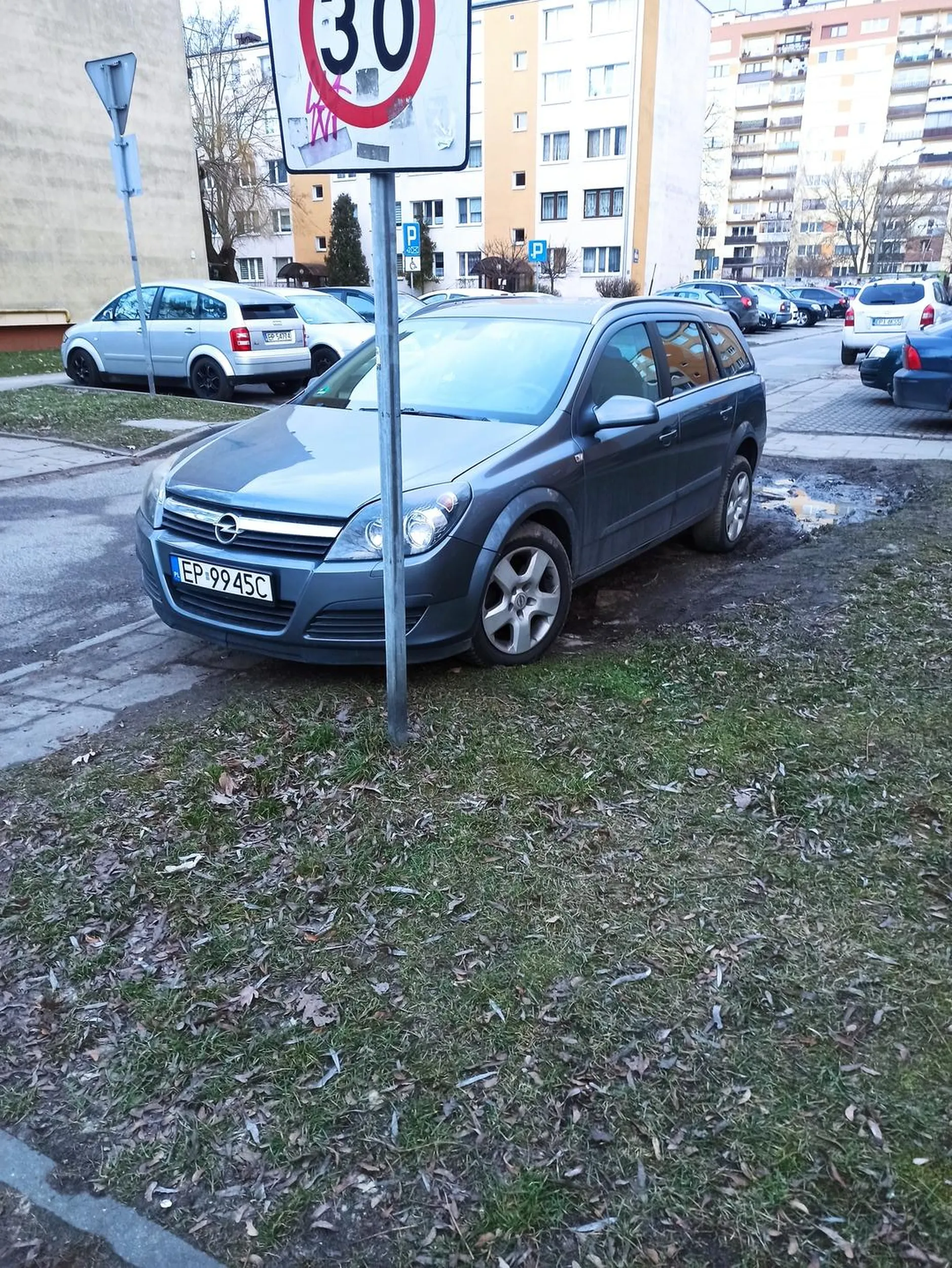 Burak regularnie blokuje oraz dewastuje chodnik i trawnik!!! Dodatkowo ryzykuje, że mu się kiedyś ten znak na opelka przewróci. A przecież ostatnio wiatr coraz większy.