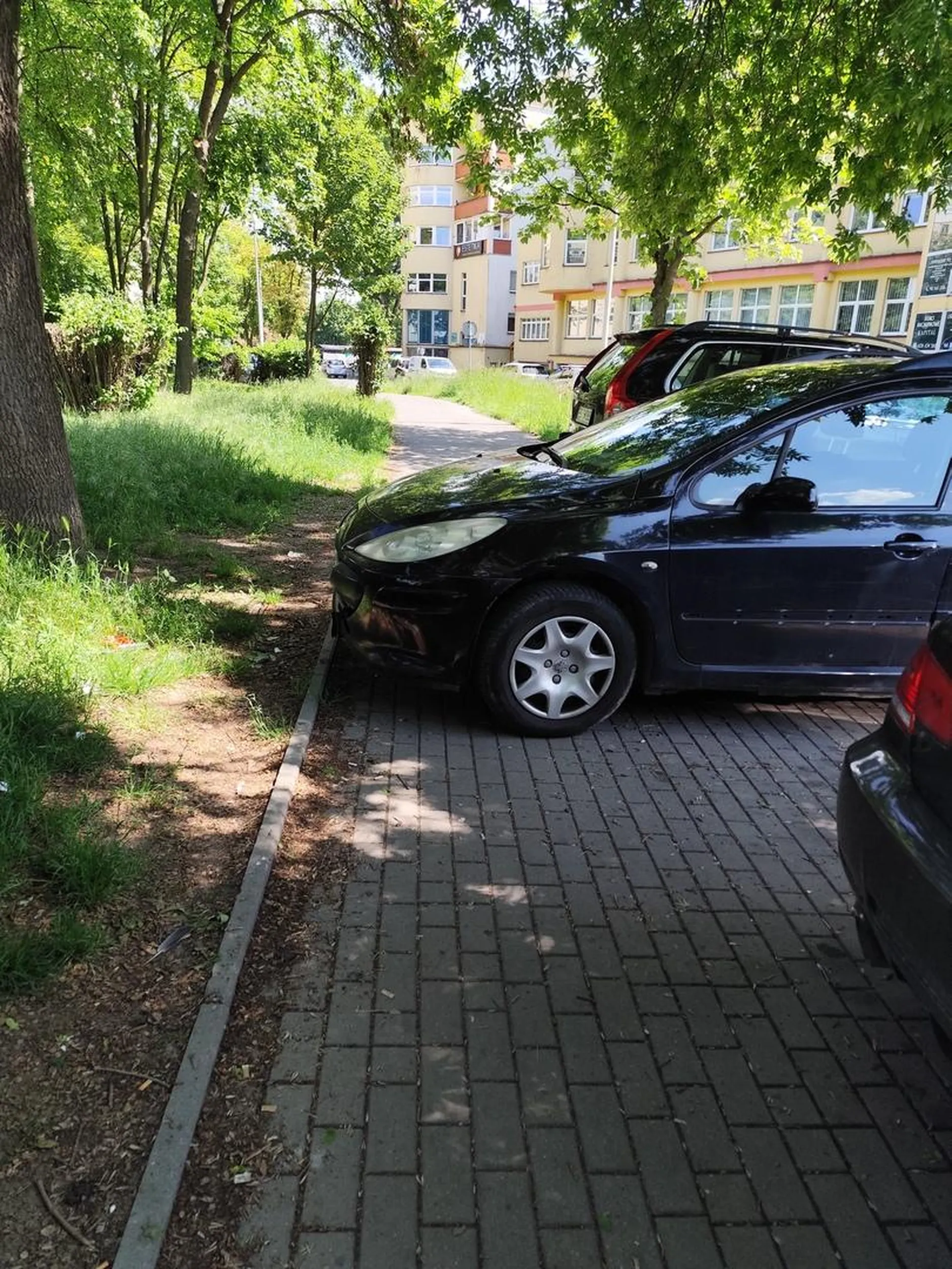 Kilometr parkingu za samochodem, a kierowca blokuje chodnik i możliwość przejścia swobodnego, o wózku nie wspominając.