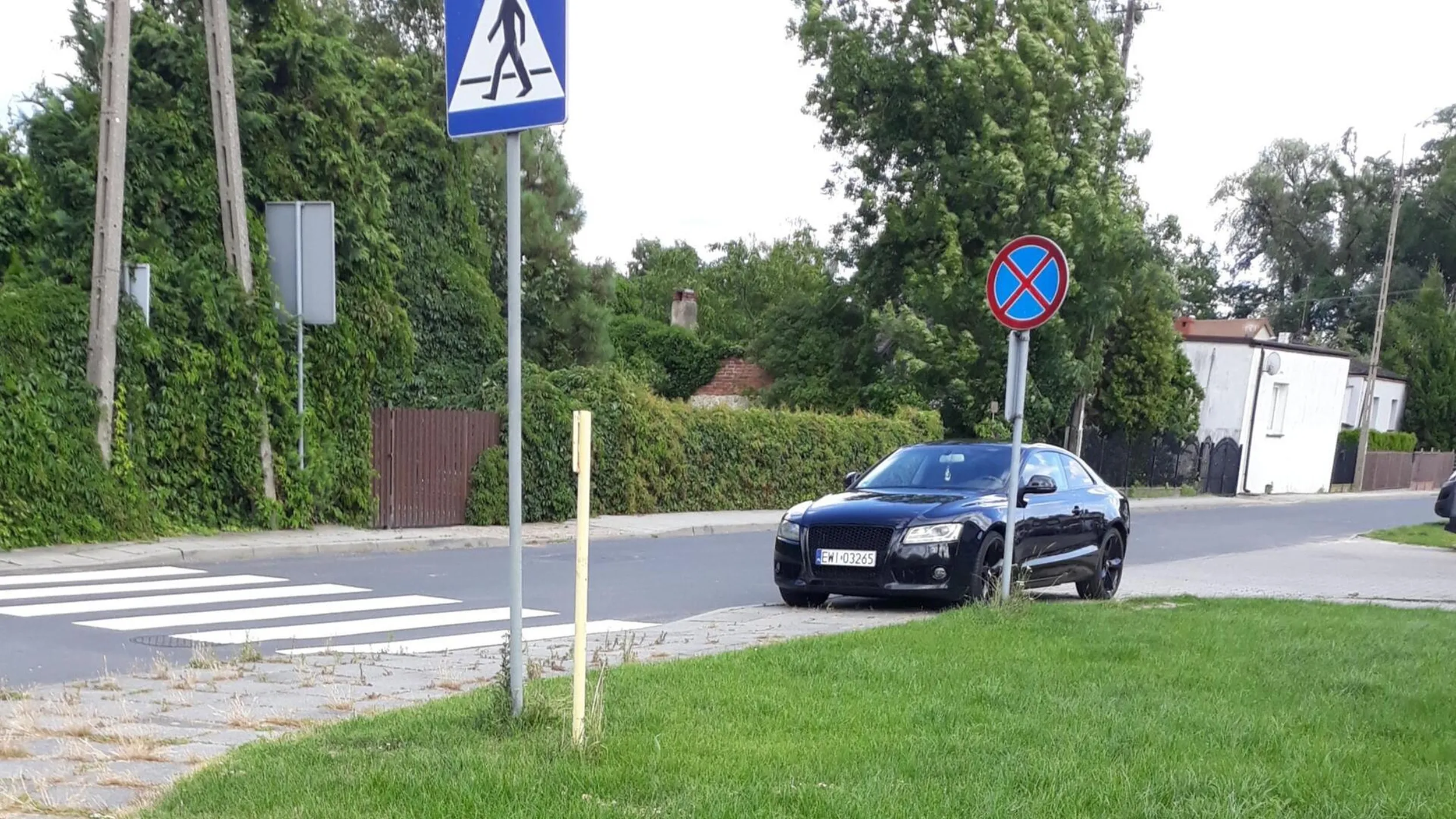 Parkowanie na chodniku, bezpośrednio przy przejściu dla pieszych, na zakazie zatrzymywania się.