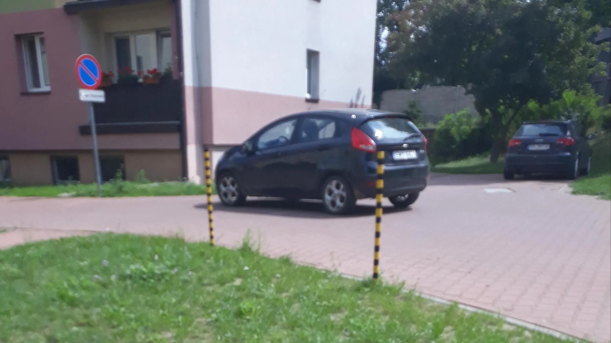 Droga pożarowa, zakaz postoju, centralnie na środku skrzyżowania.