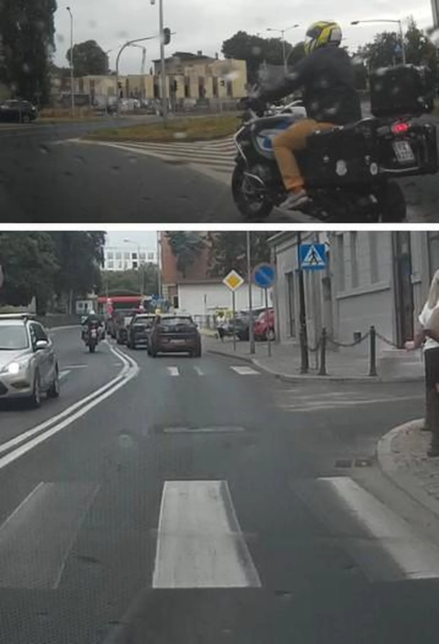 1. przejazd przez linię ciągłą i powierzchnię wyłączoną z ruchu, przez co zajechanie drogi i uniemożliwienie przejazdu pojazdowi na zielonym świetle 2. przejazd przez podwójną ciągłą i jazda pod prąd ulicą Moniuszki