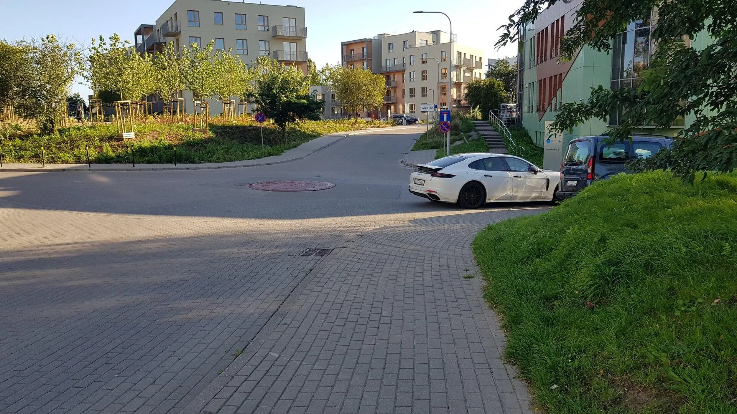 Chamskie parkowanie na chodniku, sugerowanym przejściu dla pieszych i przy samym skrzyżowaniu. Inteligencją nie grzeszy.