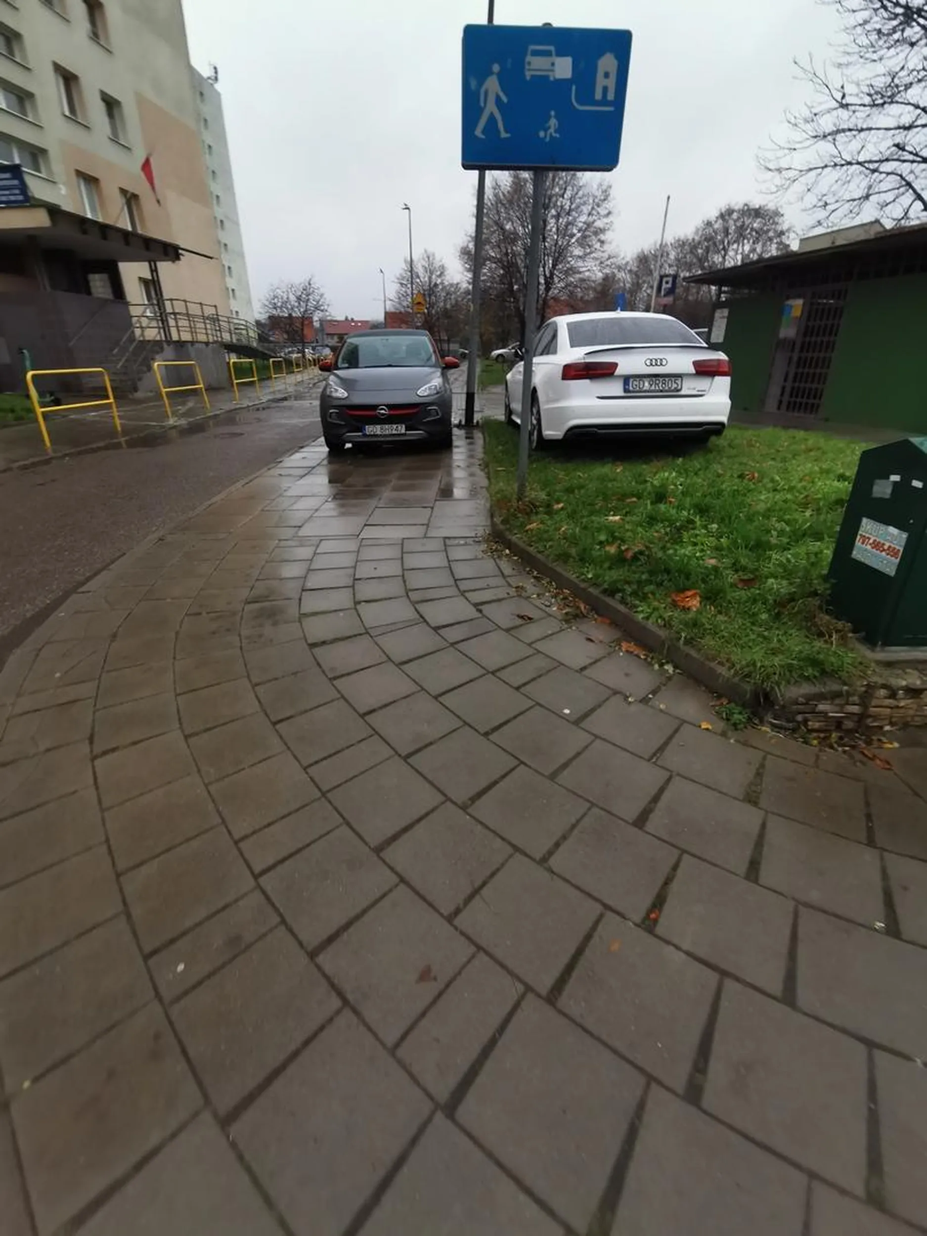 Jeden na całym chodniku a drugi na trawniku..