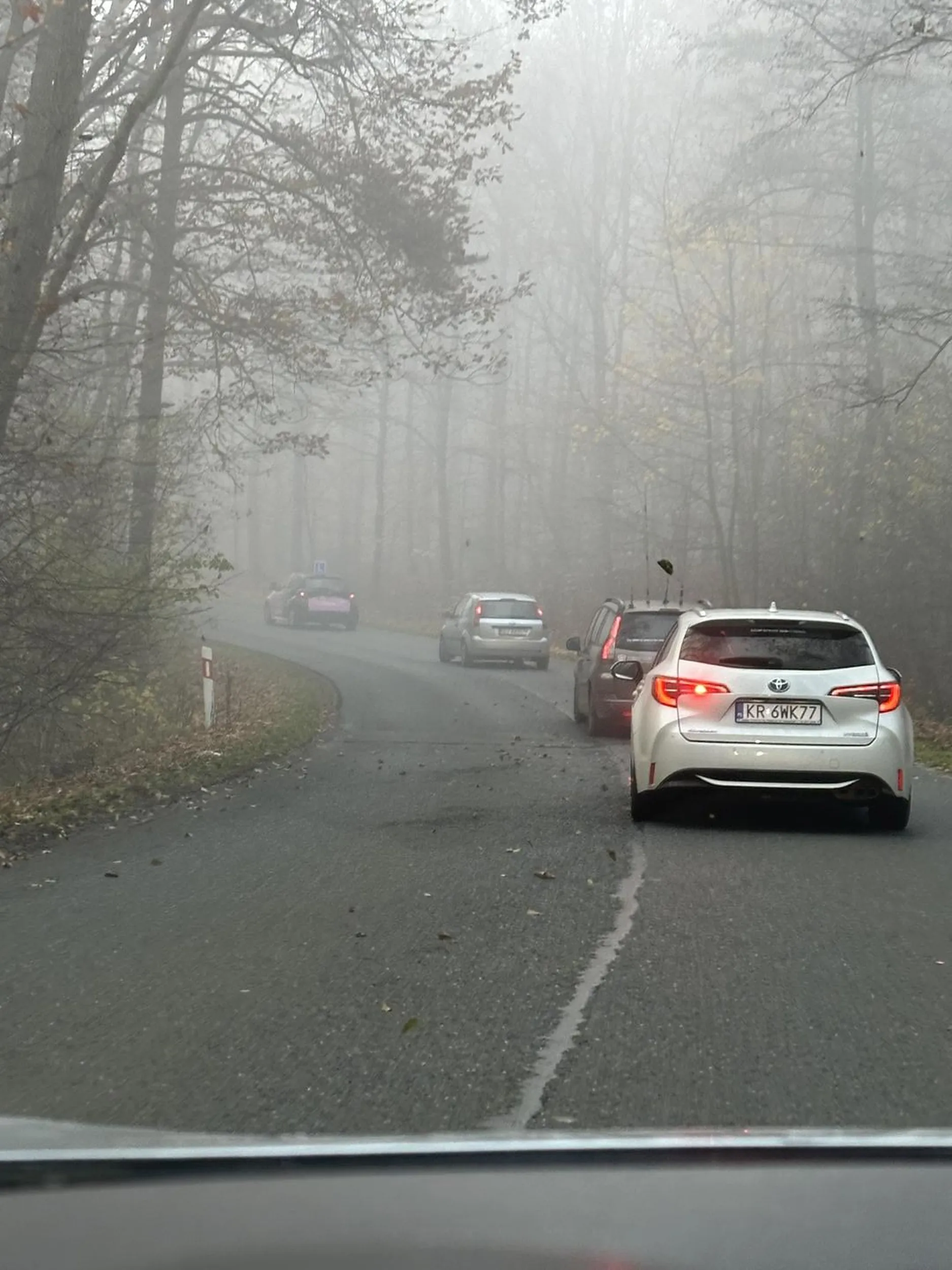 Narwany kierowca, który zagraża innym uczestnikom ruchu. Gęsta mgła, utrudnione warunki, droga w lesie, a ten niesprytny kierowca wyprzedza na siłę, powodując kolizje dwóch innych samochodów. Sprawa zgłoszona na policję.
