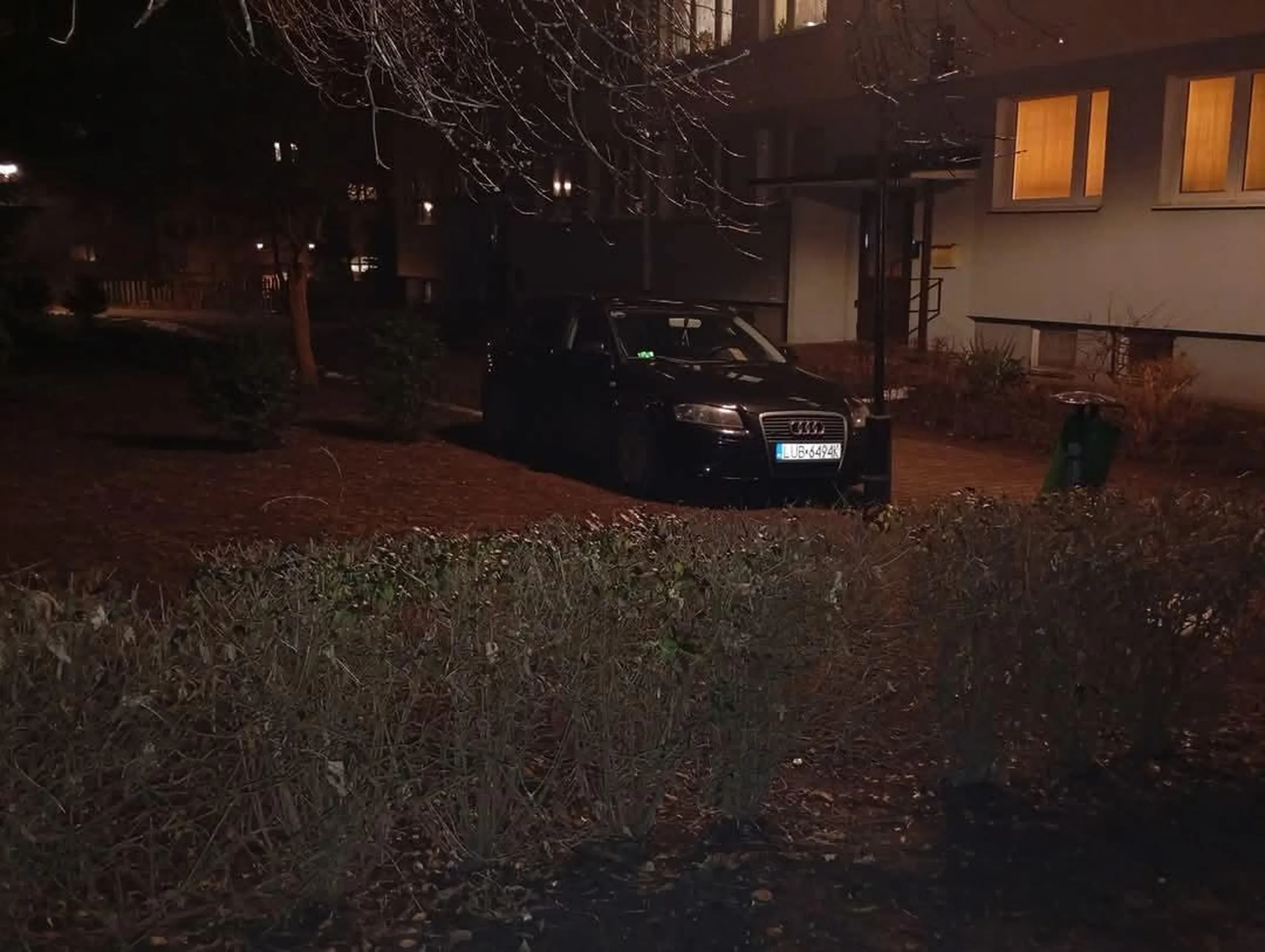 Parking pod blokiem ale parkowanie na trawniku musi być....