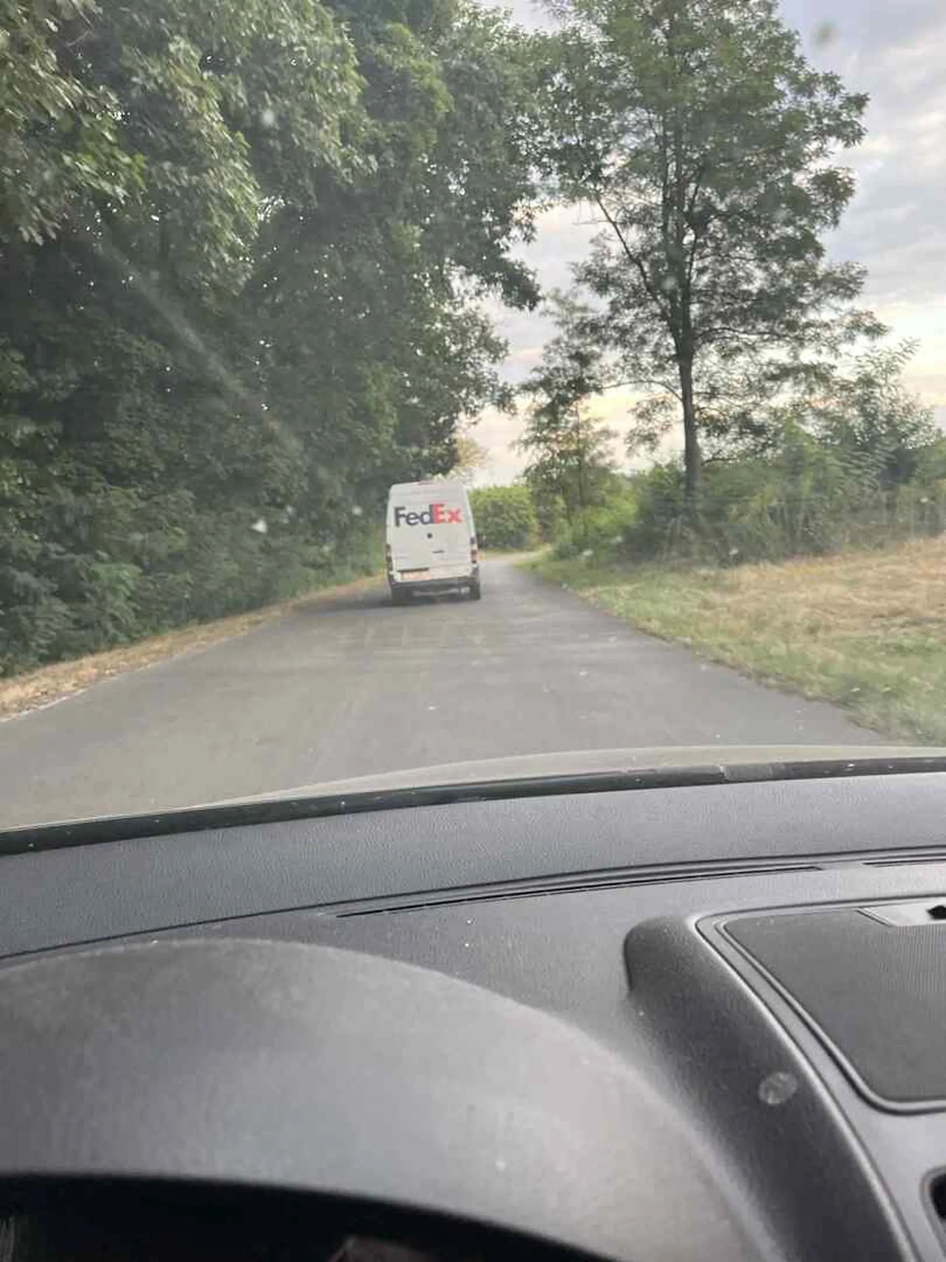 Jełop od fedexa pomylił drogę z pastwiskiem jechał środkiem jak święta krowa na spacerze. Wlókł się tak, że żółwie mogłyby go wyprzedzać, a o kulturze jazdy chyba tylko słyszał w bajkach