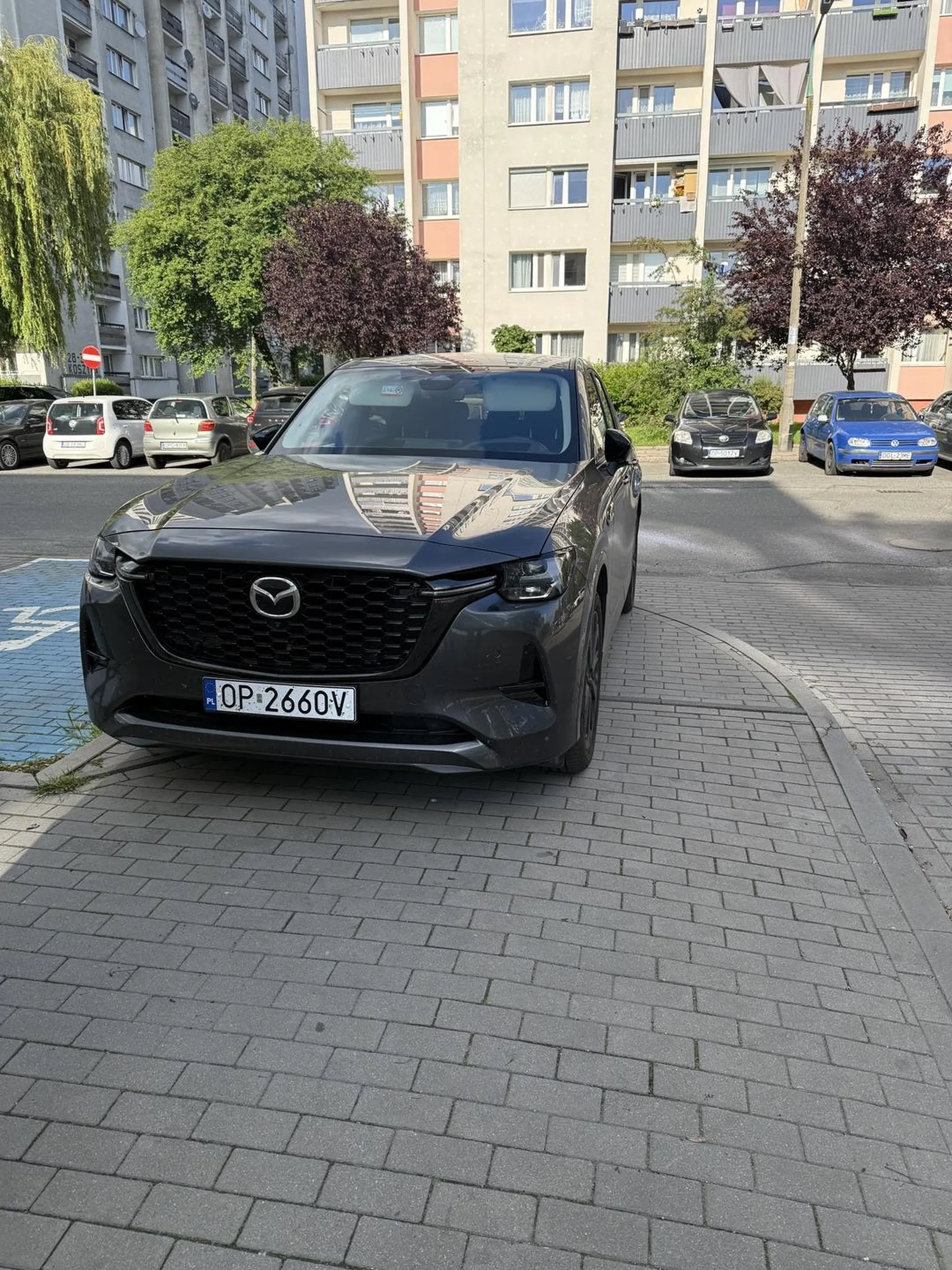 Chłop utrudnia wyjazd całemu osiedlu, parkuje na chodniku całym samochodem.