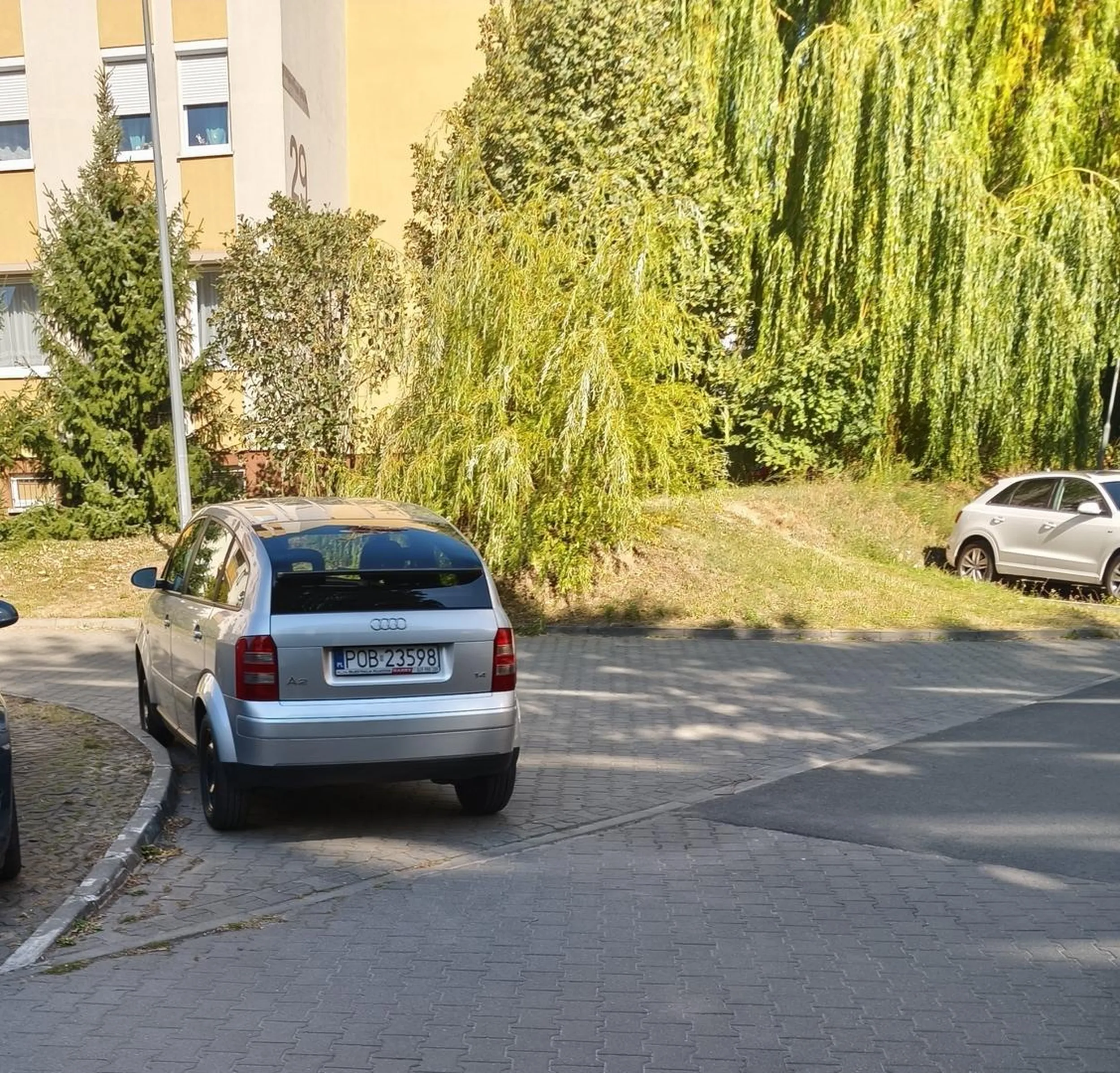 Parkowanie w przejezdzie na parking. Bigos, siano we lbie.