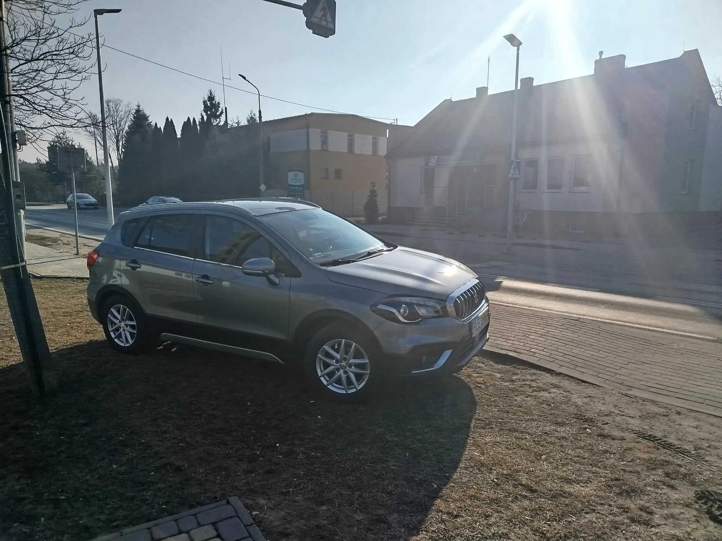 Kierująca zaparkowała na trawniku pomimo tego że po drugiej stronie były wolne miejsca parkingowe. Dodatkowo zasłaniając widok podczas wyjazd z drogo bocznej.