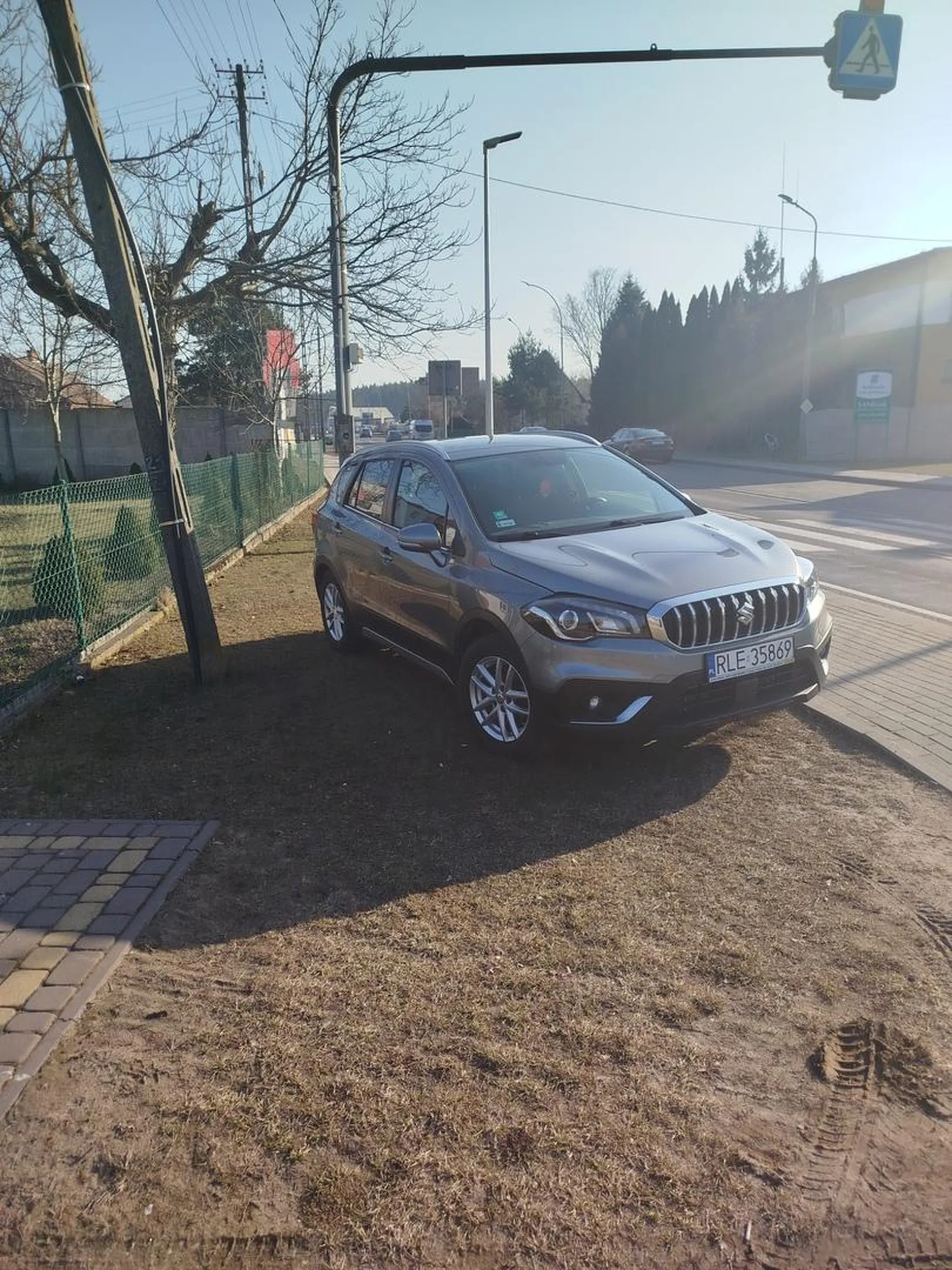 Kierująca zaparkowała na trawniku pomimo tego że po drugiej stronie były wolne miejsca parkingowe. Dodatkowo zasłaniając widok podczas wyjazd z drogo bocznej.