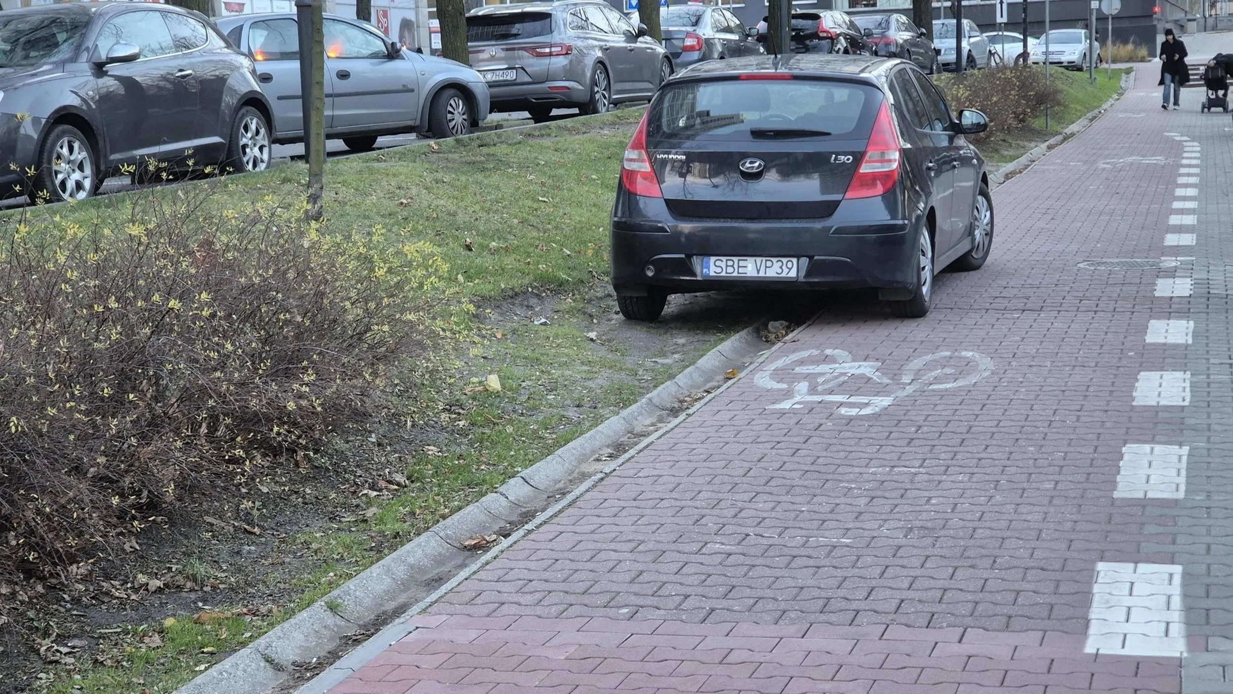 Trudno się tutaj komuś zdecydować, czy lepiej zaparkować na trawniku, czy na scieżce rowerowej.