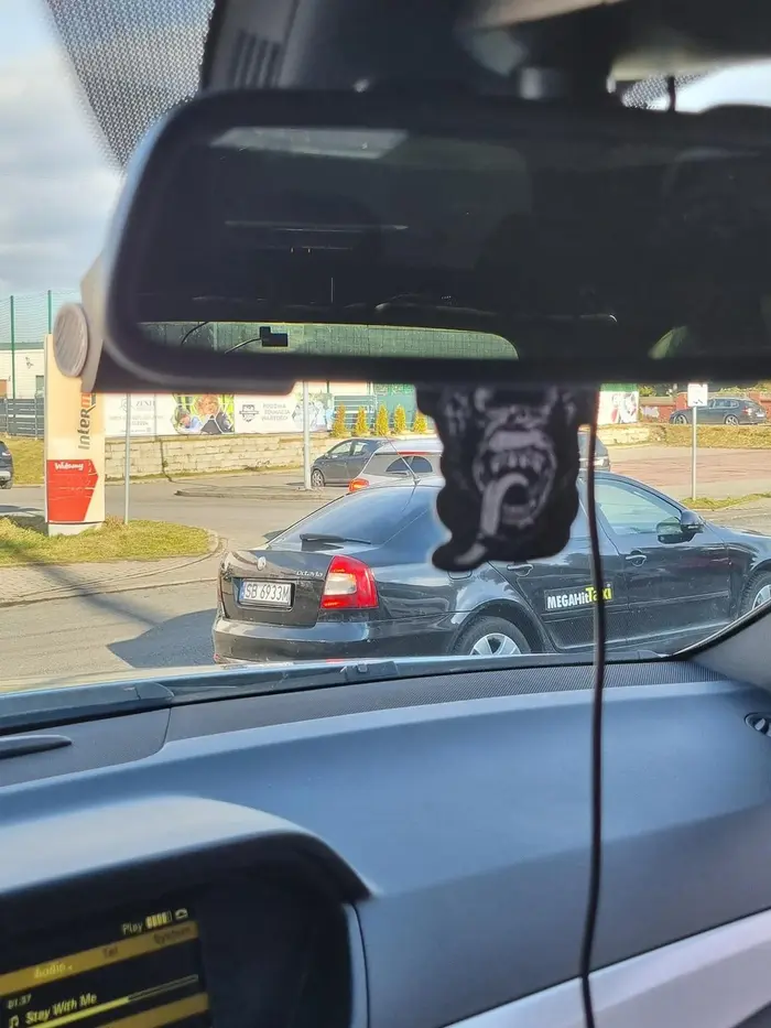 Przysłowiowa złowtowa blokuje pas ruchu w dodatku na przeciw wyjazdu z parkingu jedząc obiadek w restauracji