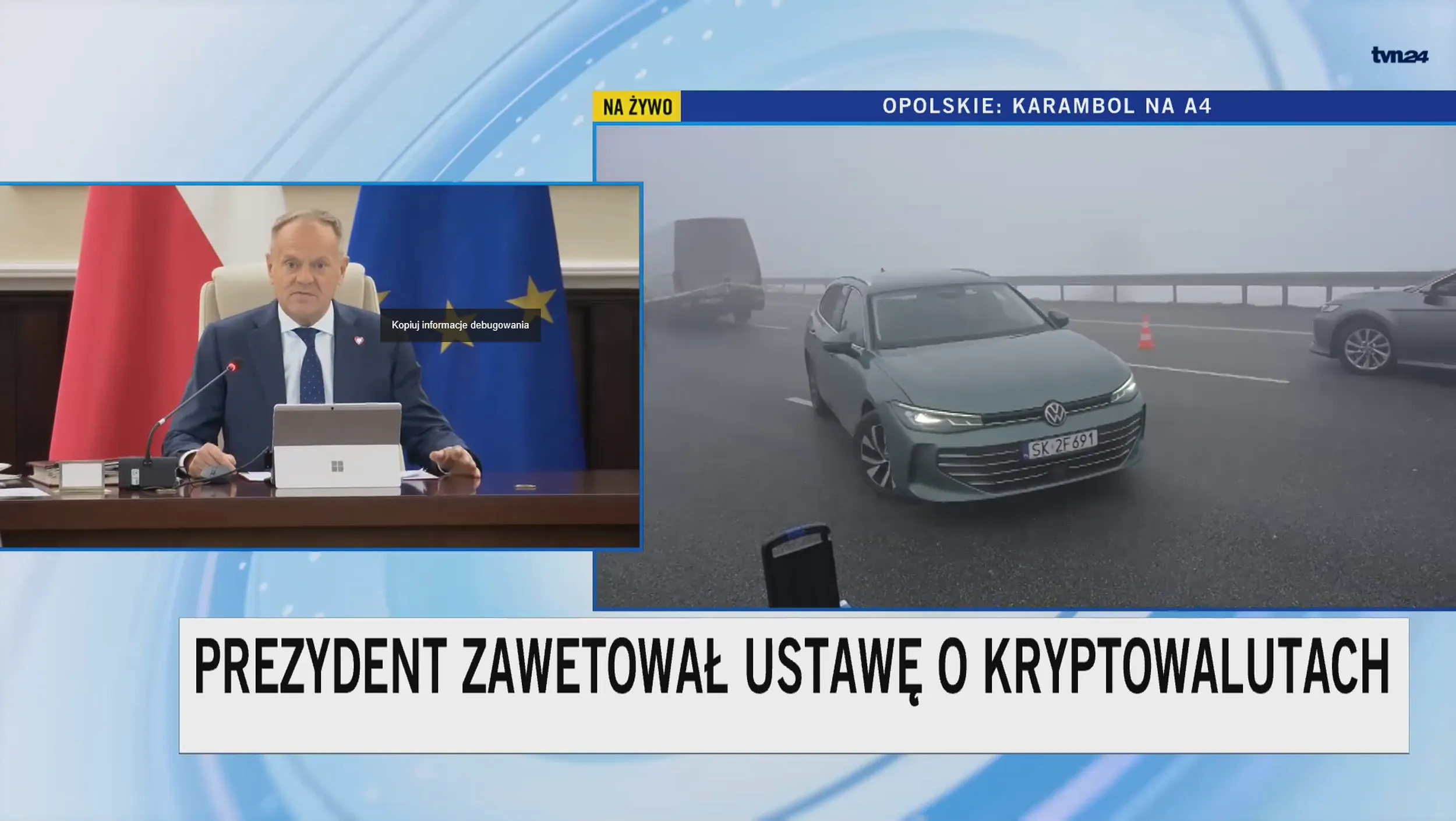 zawraca na autostradzie i jedzie pod prąd korytarzem życia. A wszystko przed kamerami tvn24