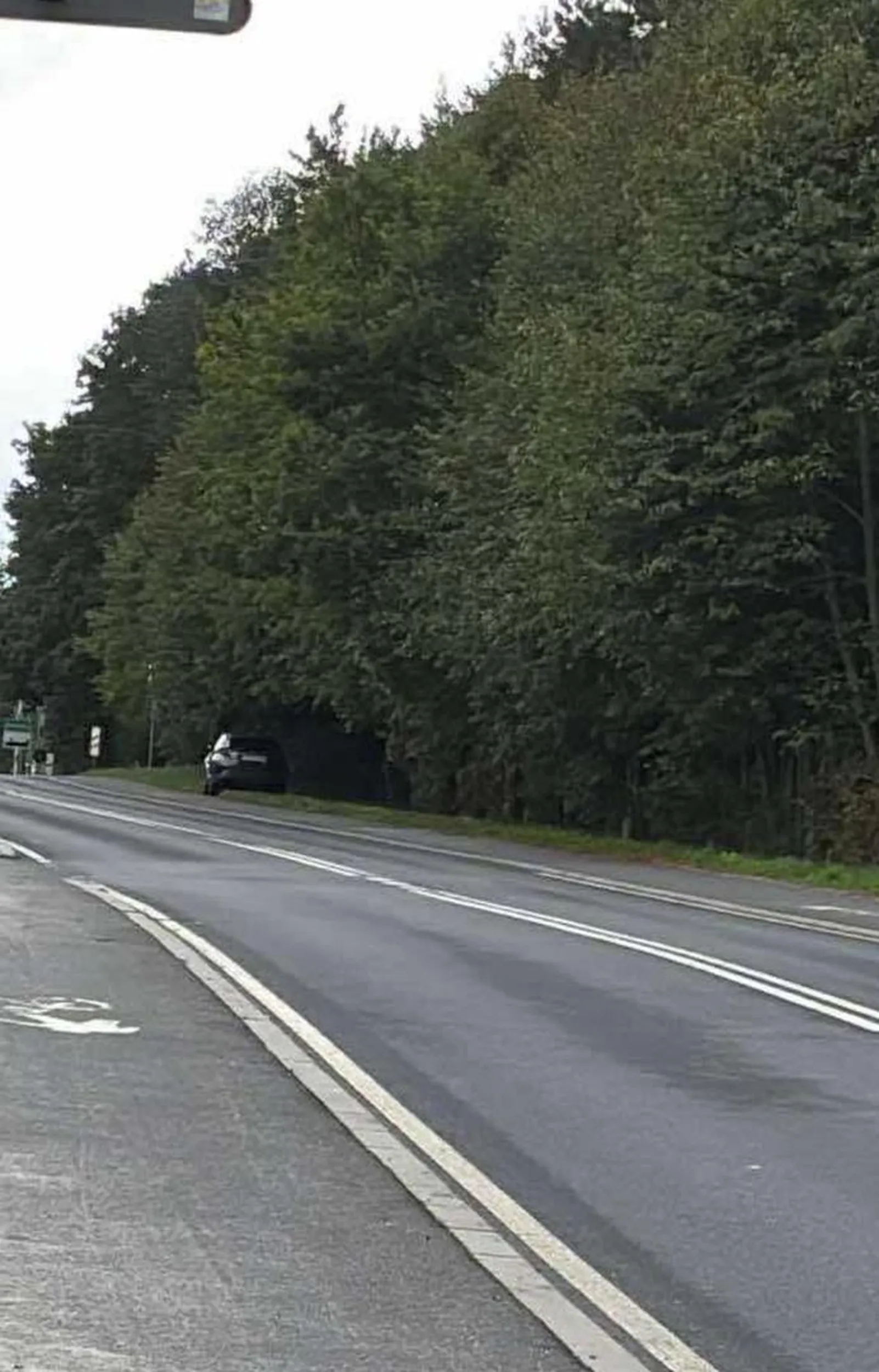 Kierowca zaparkował za ścieżką rowerową przy lesie po czym poszedł się tam wypróżnić. Nie posprzątał po sobie i zostawił obsrany papier na ściółce leśnej  zamiast go zutylizować.