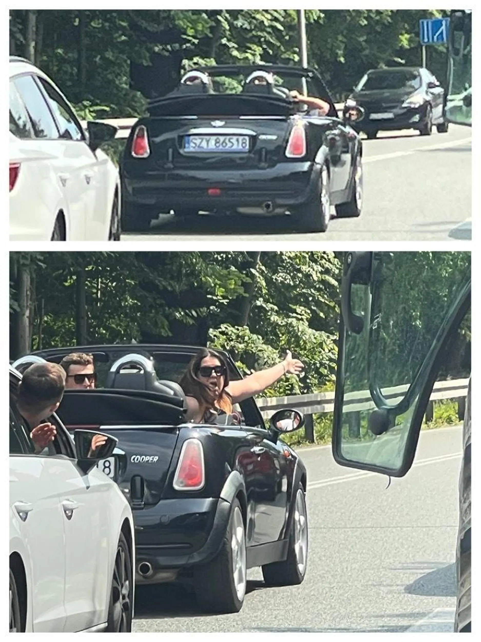 Żywiec, ulica Krakowska, wylot z miasta. Dwa pasy pod górę i na lewym Mini-Szeryf blokujący innych od dojazdu do końca tego pasa, który jest jeszcze przynajmniej kilkadziesiąt metrów dalej. Ludzie trąbili, zwracali uwagę i zero reakcji do czasu aż odpaliła się pasażerka tego bolidu i narobiła jeszcze większej siary.