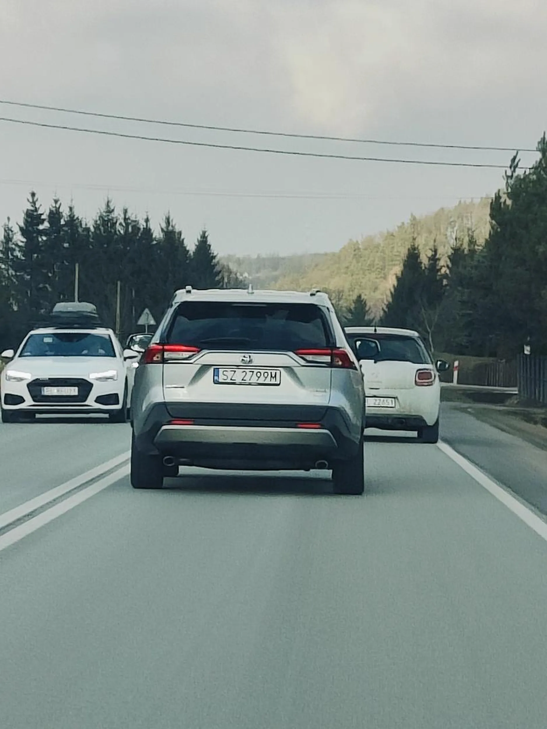 Wyprzedza kilka aut robiąc to bardzo nieostrożnie + na zakręcie. Nie wiem jakim cudem ten kierowca ma prawo jazdy, ale stwarza niebezpieczeństwo na drodze