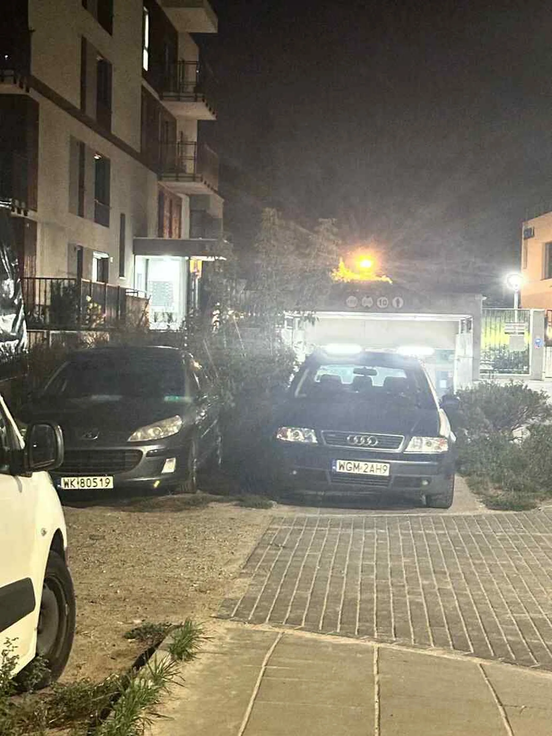 Obrońca chodnika i bramy garażowej za nim