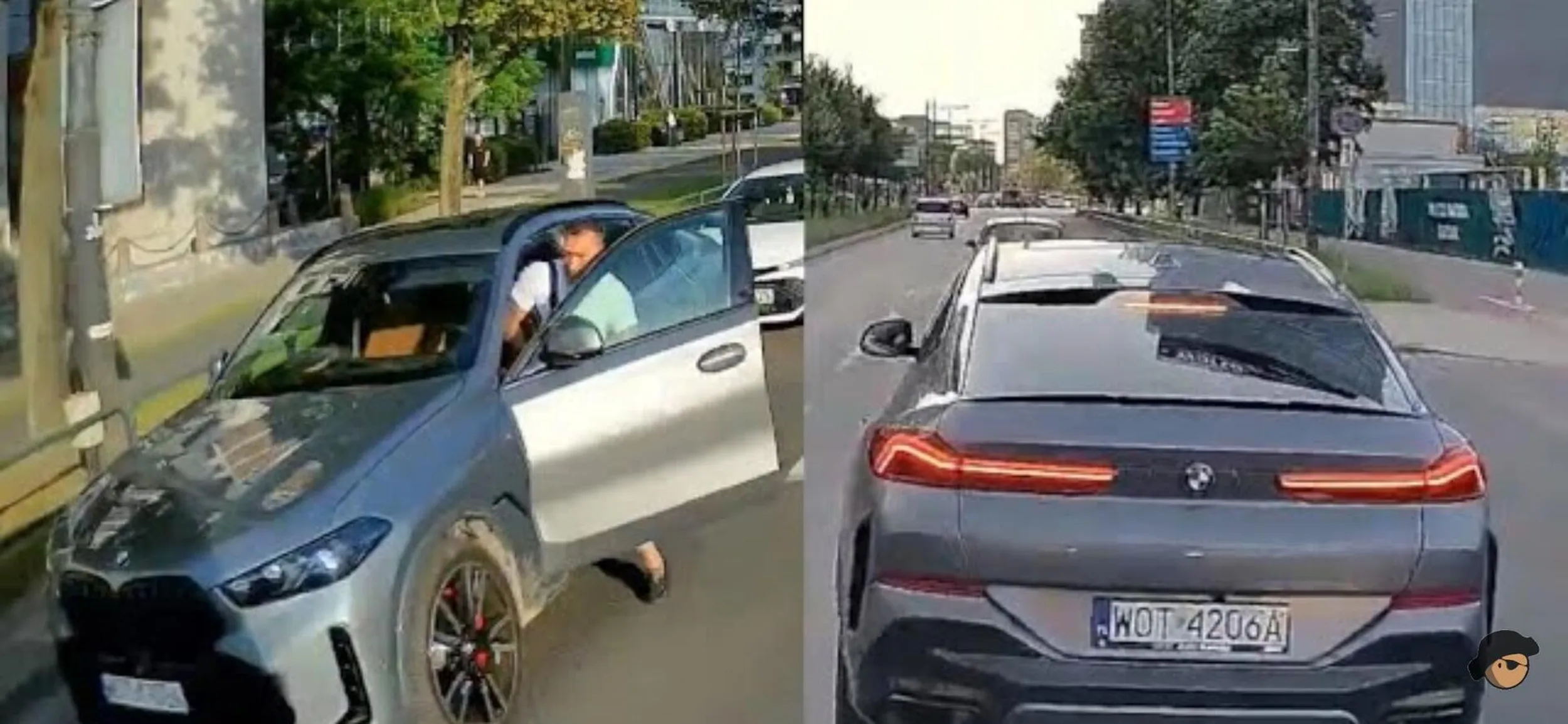 Kierowca BMW zachowuje się bardzo agresywnie, wymusza pierwszeństwo, zmienia pasy na ciągłych liniach, opuszcza pojazd w celu kogucikowania do innego kierowcy. Zachowanie godne srogiej kary.