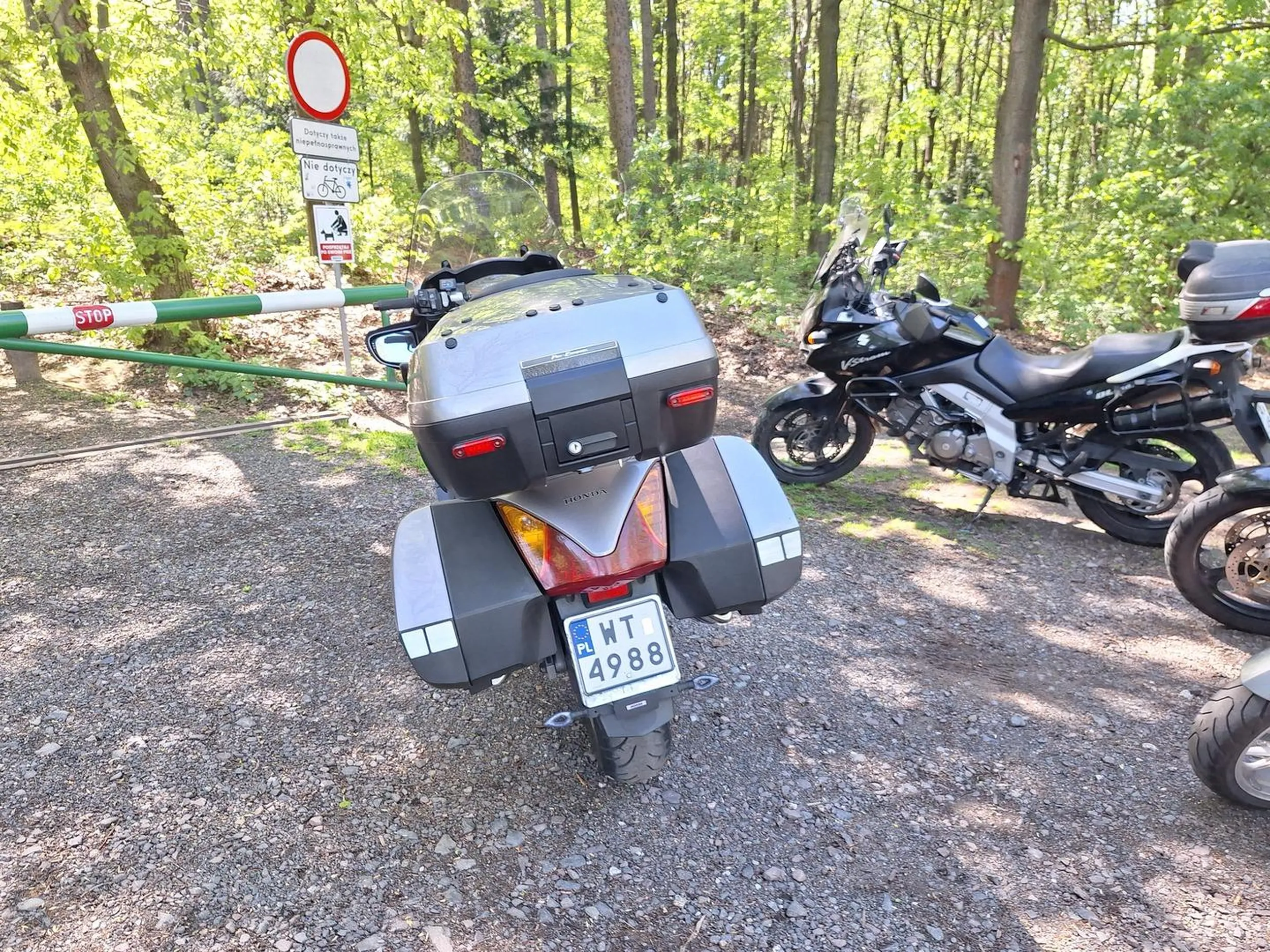 Szczawno Zdrój. Szlak na wieżę widokową. Jestem idiotą i zastawiłem drogę, parkując pod szlabanem. Służby ratunkowe sobie na hulajnogach przejadą.