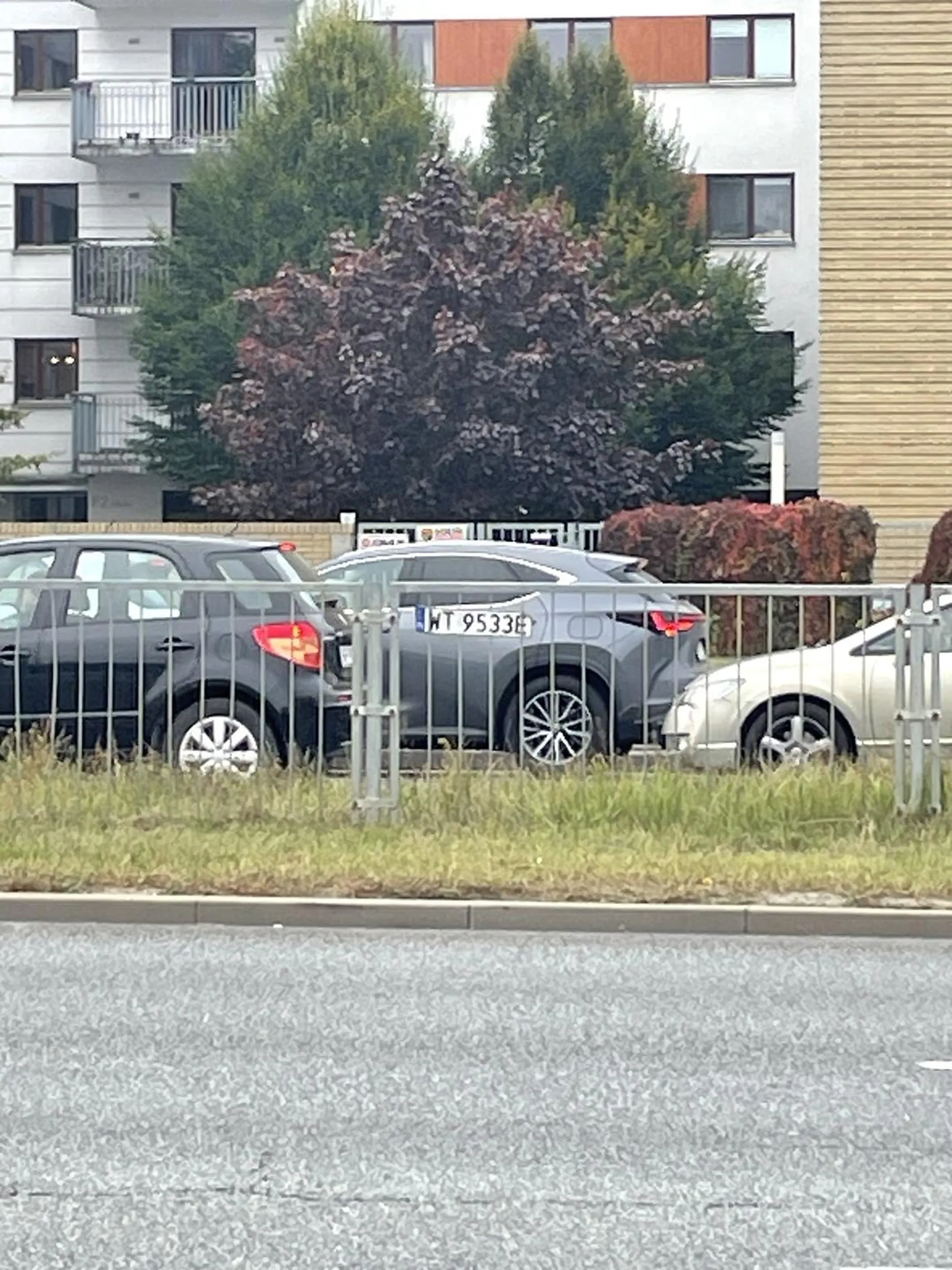 Tablica grzecznie czeka na właściciela na „płocie” przedzielającym pasy drogowe, na przeciwko przystanku Plac Bernardyński 02