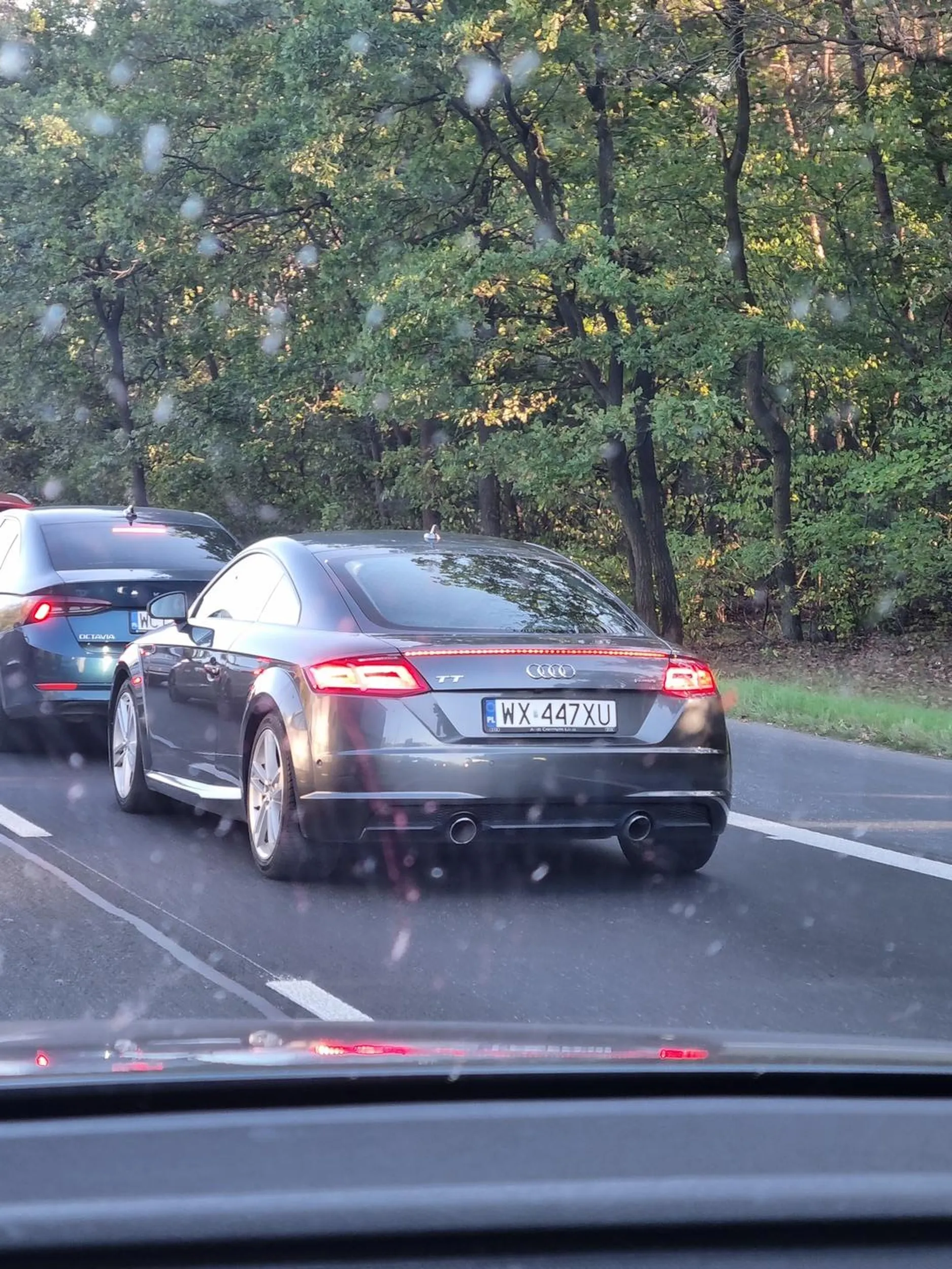 Śmieciara wyrzuca pety na drogę. I nie pudruj tego pyska w czasie jazdy, nic to nie da...