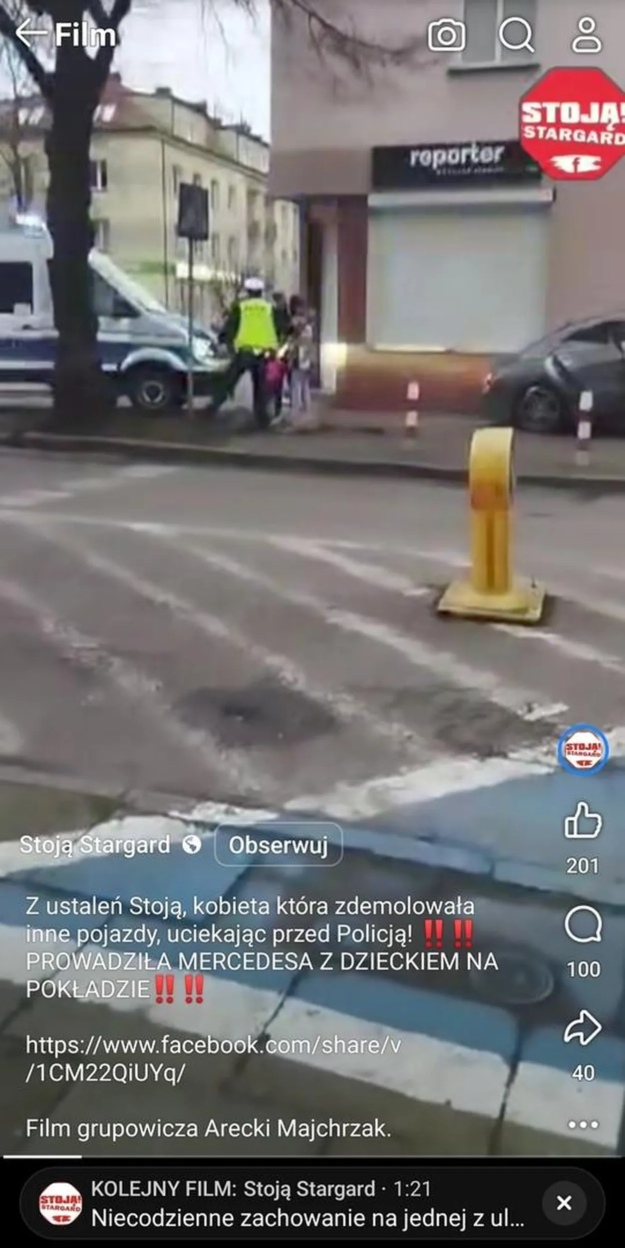 Pato madka z dzieckiem bez fotelika w Mercedesie uciekała w pościgu przed Policją, 4 razy przymierzała się z wjazdem na ulicy przy listwie zaparkowanych aut a zaczęło się od ucieczki po obcierce z innym autem. Zapewne już nie pojeździ bo odebrano jej prawko, samochód i dziecko.