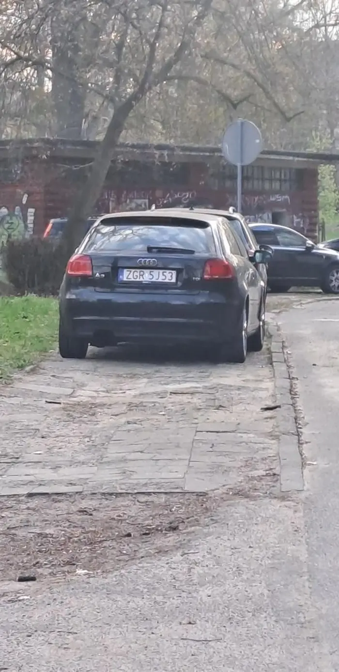 Gnjowozem zastawia całą szerokość chodnika.