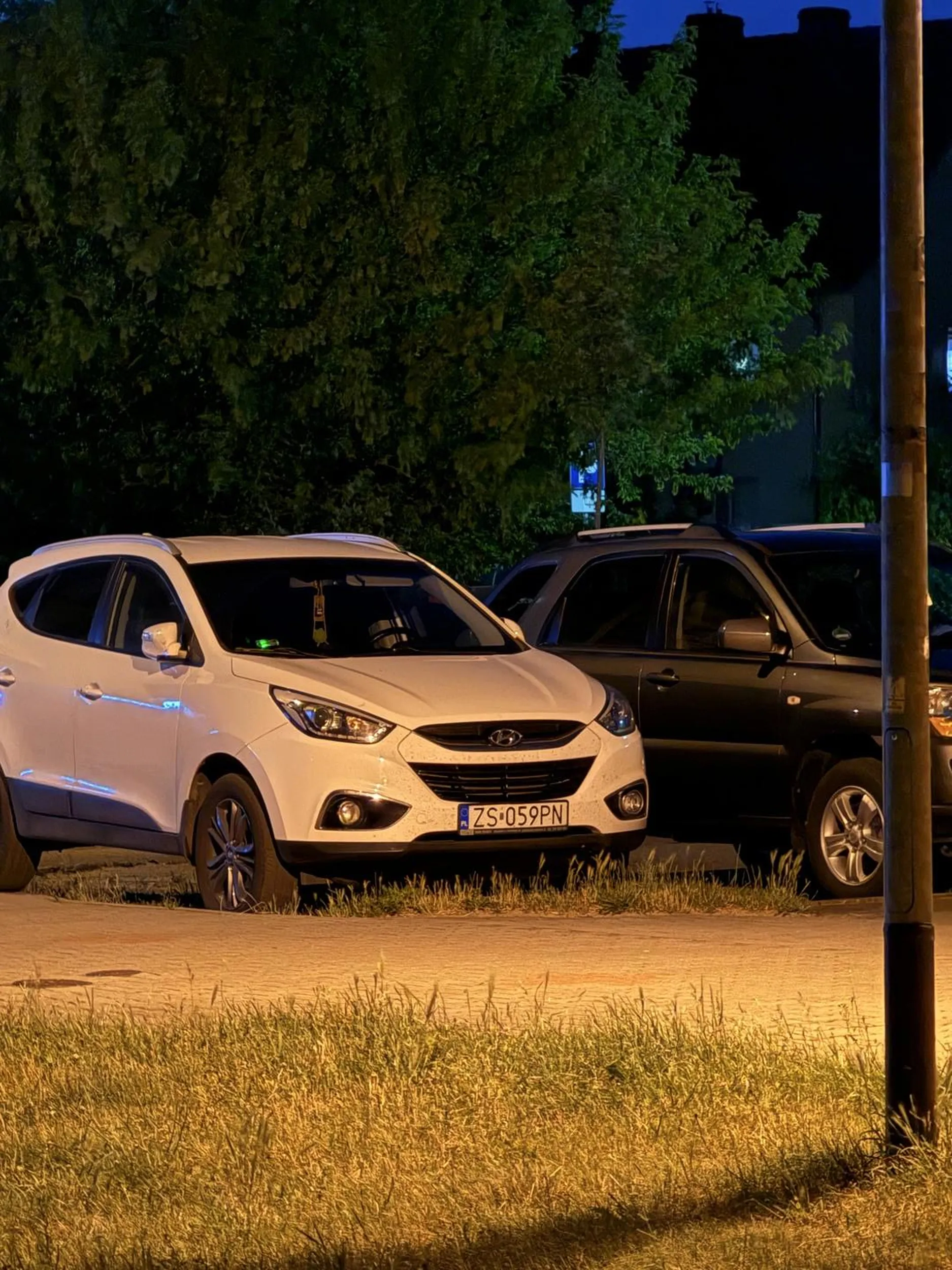 Kobieta rozjeżdża trawnik bo trudno jest jej przejść się kawałek z samochodu do klatki schodowej.
