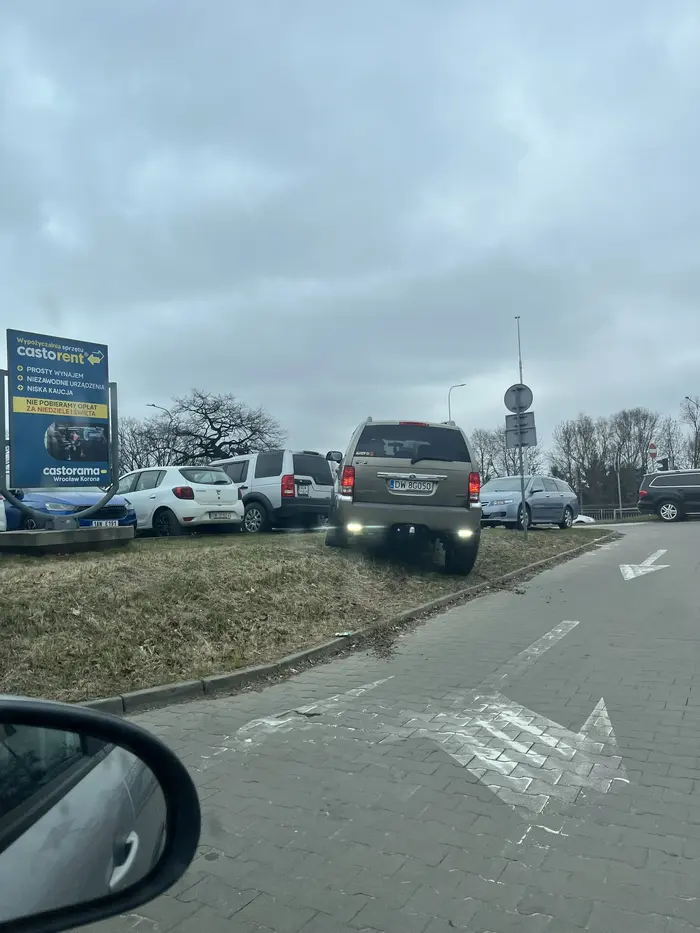 Pojazd rozjechał pas zieleni pod Castorama na Krzywoustego we Wrocławiu.