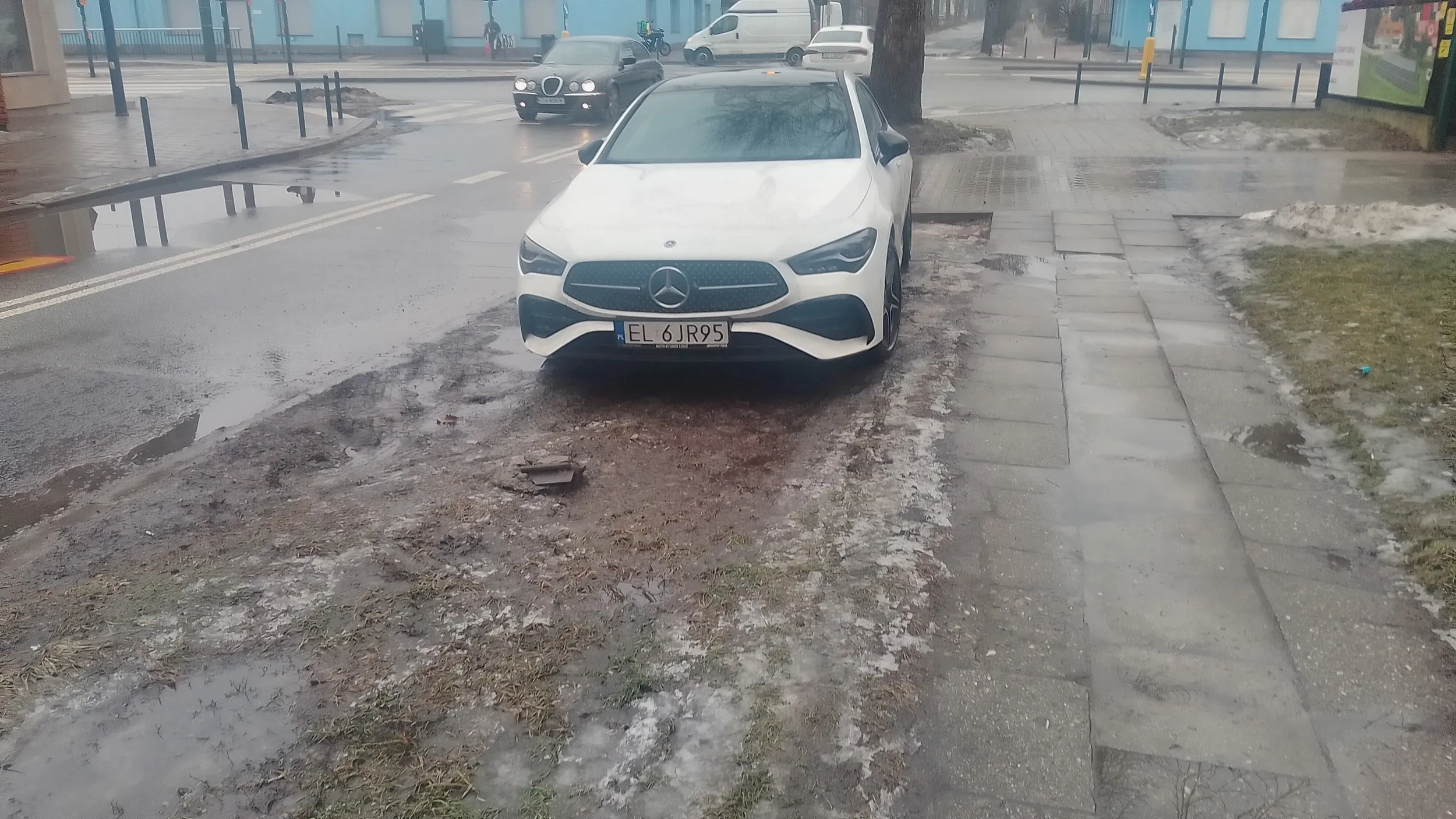 Kierowca nie odróżnia miejsca postojowego od zieleńca, a przy okazji zasłania widoczność przejścia dla pieszych.