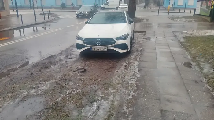 Kierowca nie odróżnia miejsca postojowego od zieleńca, a przy okazji zasłania widoczność przejścia dla pieszych.