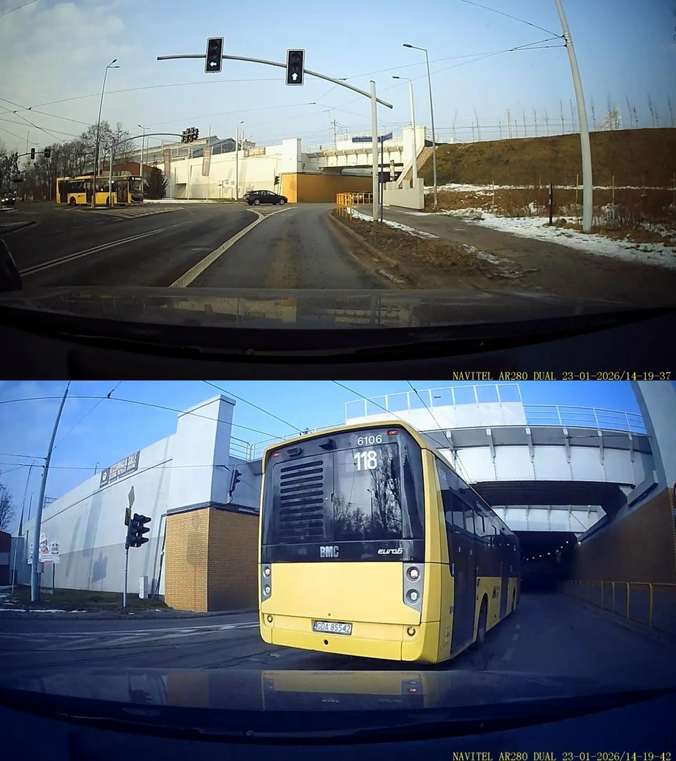 kierowca pseudo zawodowy nieznający przepisów wjeżdża na czerwonym tym samym narażając życie pasażerów