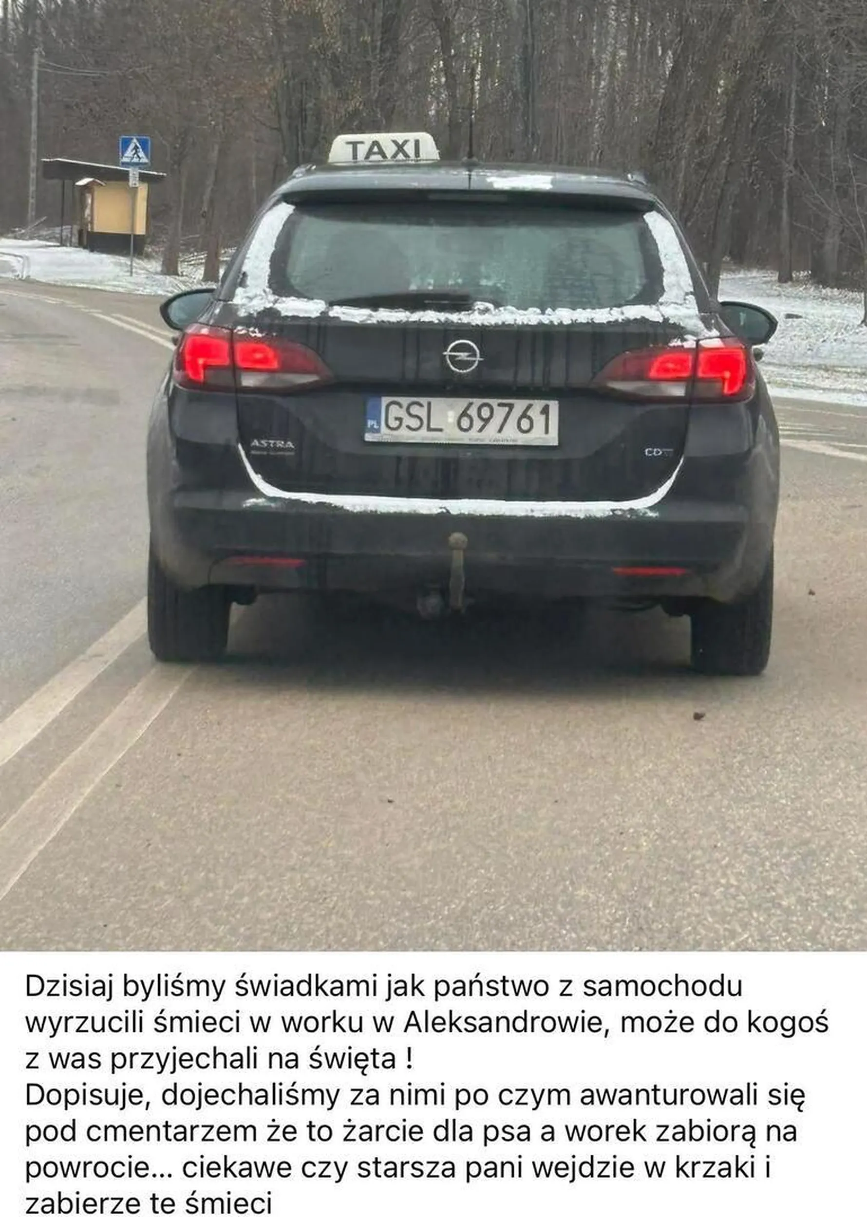 Dzisiaj byliśmy świadkami jak państwo z samochodu wyrzucili śmieci w worku w Aleksandrowie, może do kogoś z was przyjechali na święta ! Dopisuje, dojechaliśmy za nimi po czym awanturowali się pod cmentarzem że to żarcie dla psa a worek zabiorą na powrocie… ciekawe czy starsza pani wejdzie w krzaki i zabierze te śmieci