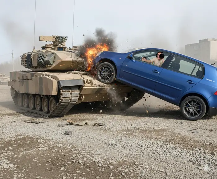 Ide sobie spokojnie chodnikiem aż pacze jedzie czołg wyciągam zdjęcie by zrobić zdjęcie i w tym samym momencie kierowca golf 5 wjeżdza na czołówke z czołgiem i go rozwala