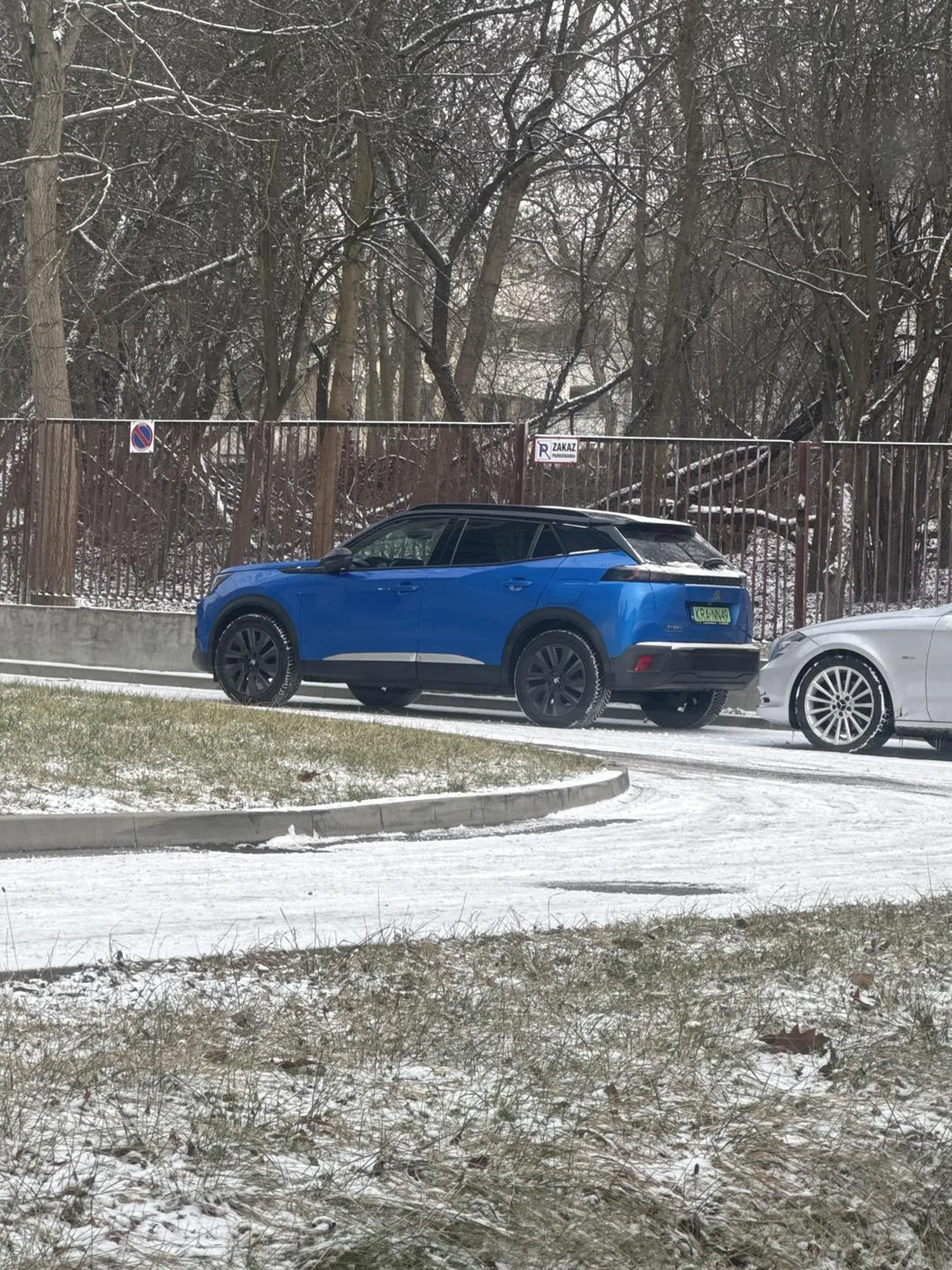 Pani parkuje w miejscu zakazanym (droga ewakuacyjna) centralnie przy zakazie, auto elektryczne