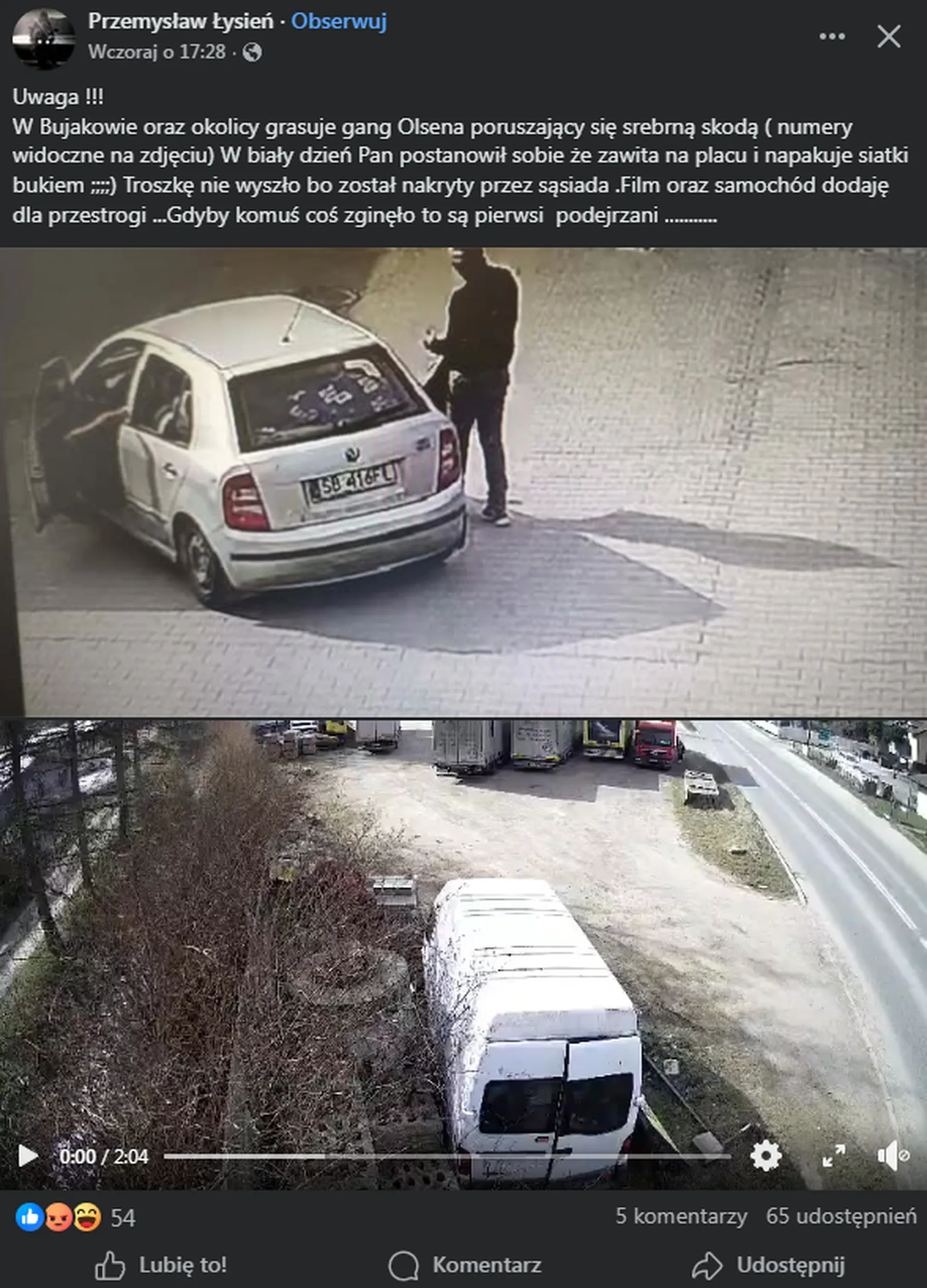 Złodzieje drewna! Uwaga !!! W Bujakowie oraz okolicy grasuje gang Olsena poruszający się srebrną skodą ( numery widoczne na zdjęciu) W biały dzień Pan postanowił sobie że zawita na placu i napakuje siatki bukiem ;;;;) Troszkę nie wyszło bo został nakryty przez sąsiada .Film oraz samochód dodaję dla przestrogi ...Gdyby komuś coś zginęło to są pierwsi  podejrzani