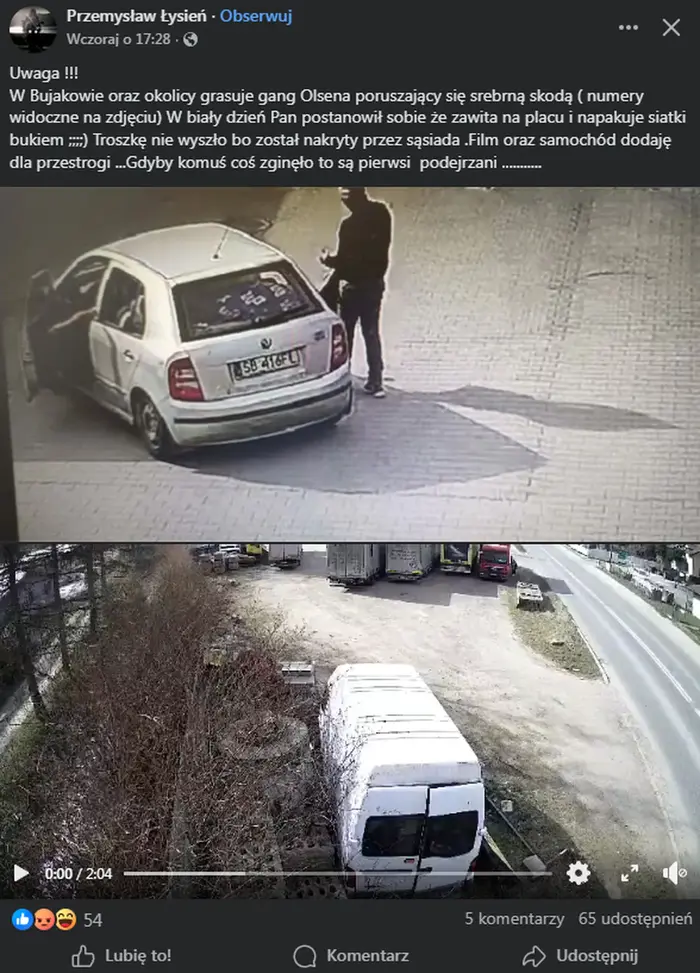 Złodzieje drewna! Uwaga !!! W Bujakowie oraz okolicy grasuje gang Olsena poruszający się srebrną skodą ( numery widoczne na zdjęciu) W biały dzień Pan postanowił sobie że zawita na placu i napakuje siatki bukiem ;;;;) Troszkę nie wyszło bo został nakryty przez sąsiada .Film oraz samochód dodaję dla przestrogi ...Gdyby komuś coś zginęło to są pierwsi  podejrzani