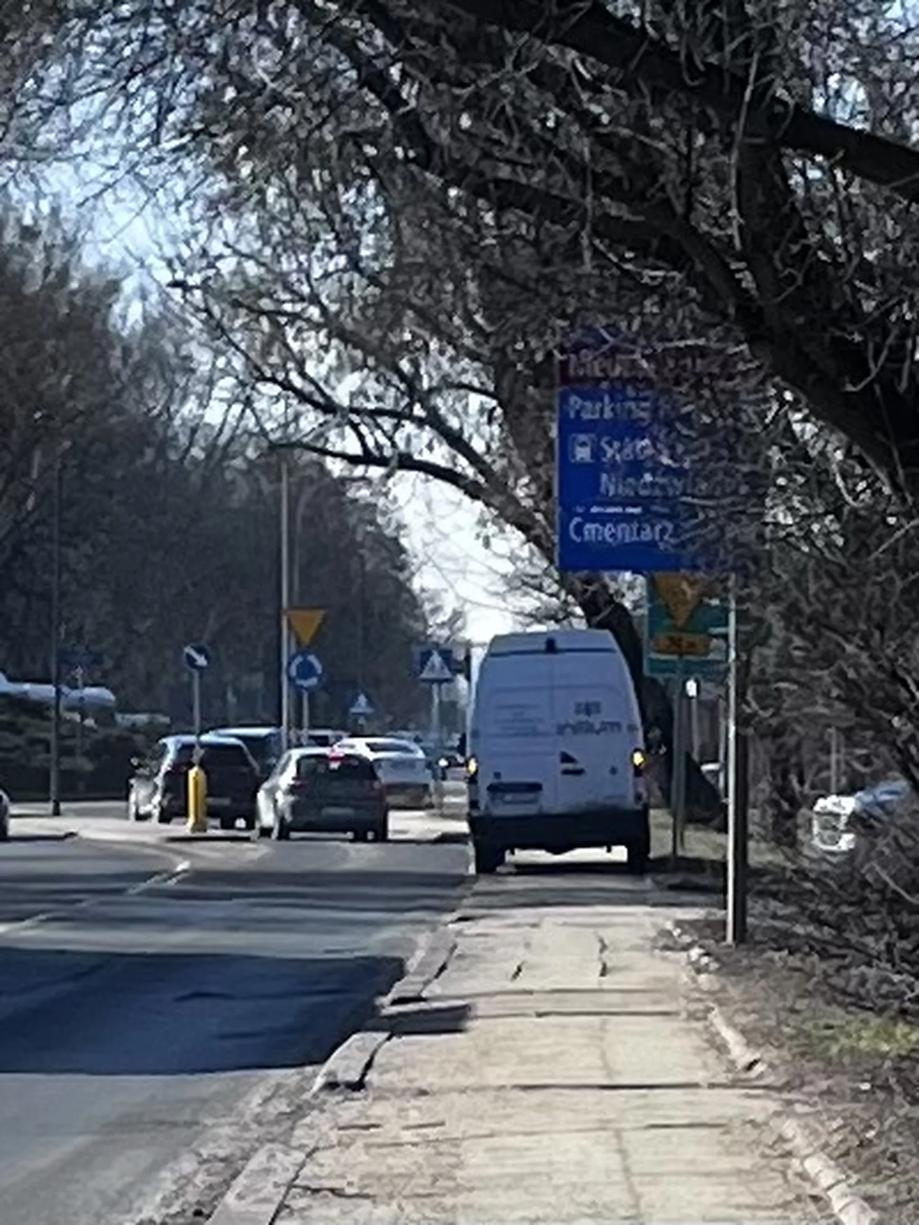 Kierowca zaparkował samochód typy dostawczy na całej szerokości chodnika, całkowicie blokując przejście pieszym. Brak jakiejkolwiek wyobraźni 