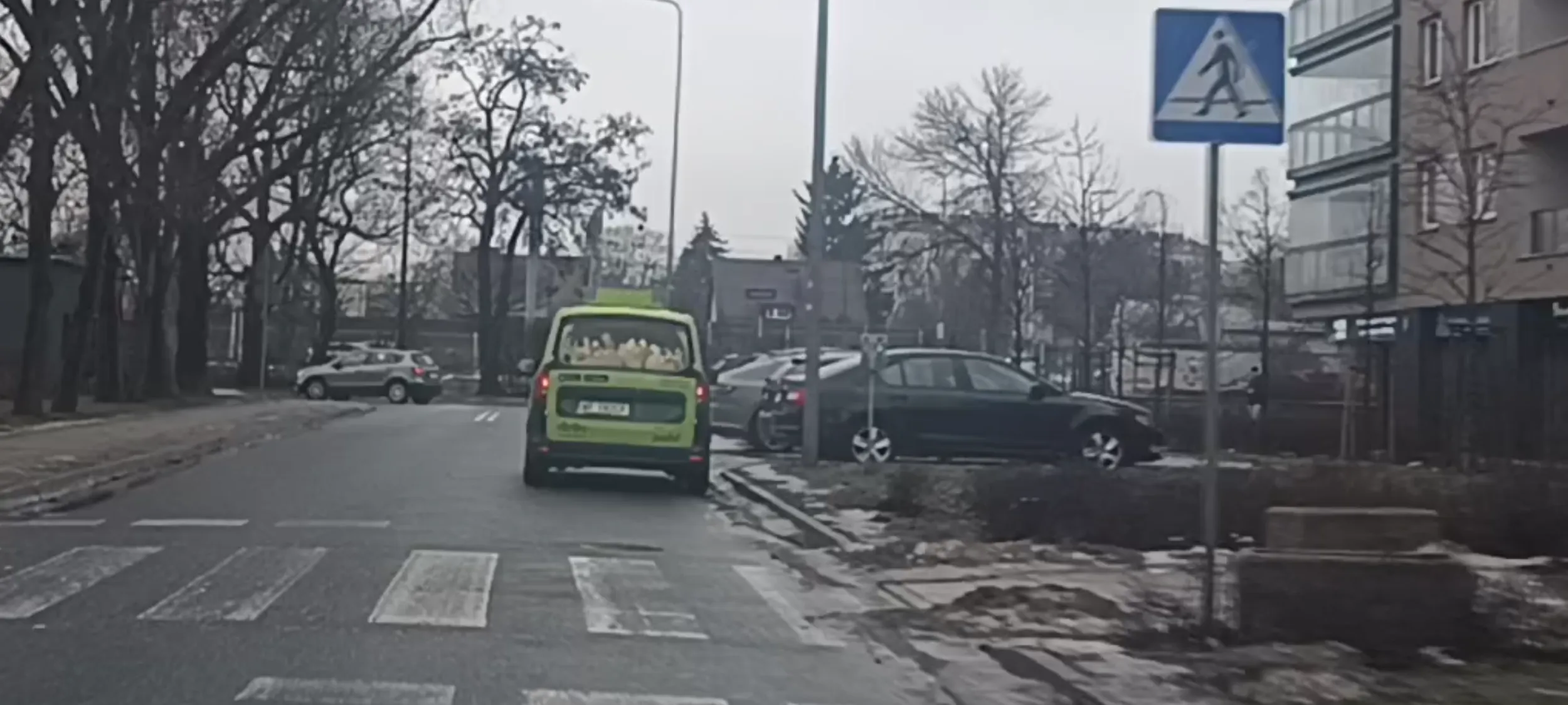 Patologia parkuje na ulicy z zakazem zatrzymywania się i postoju przy przejściu dla pieszych zasłaniając widoczność na pieszych.